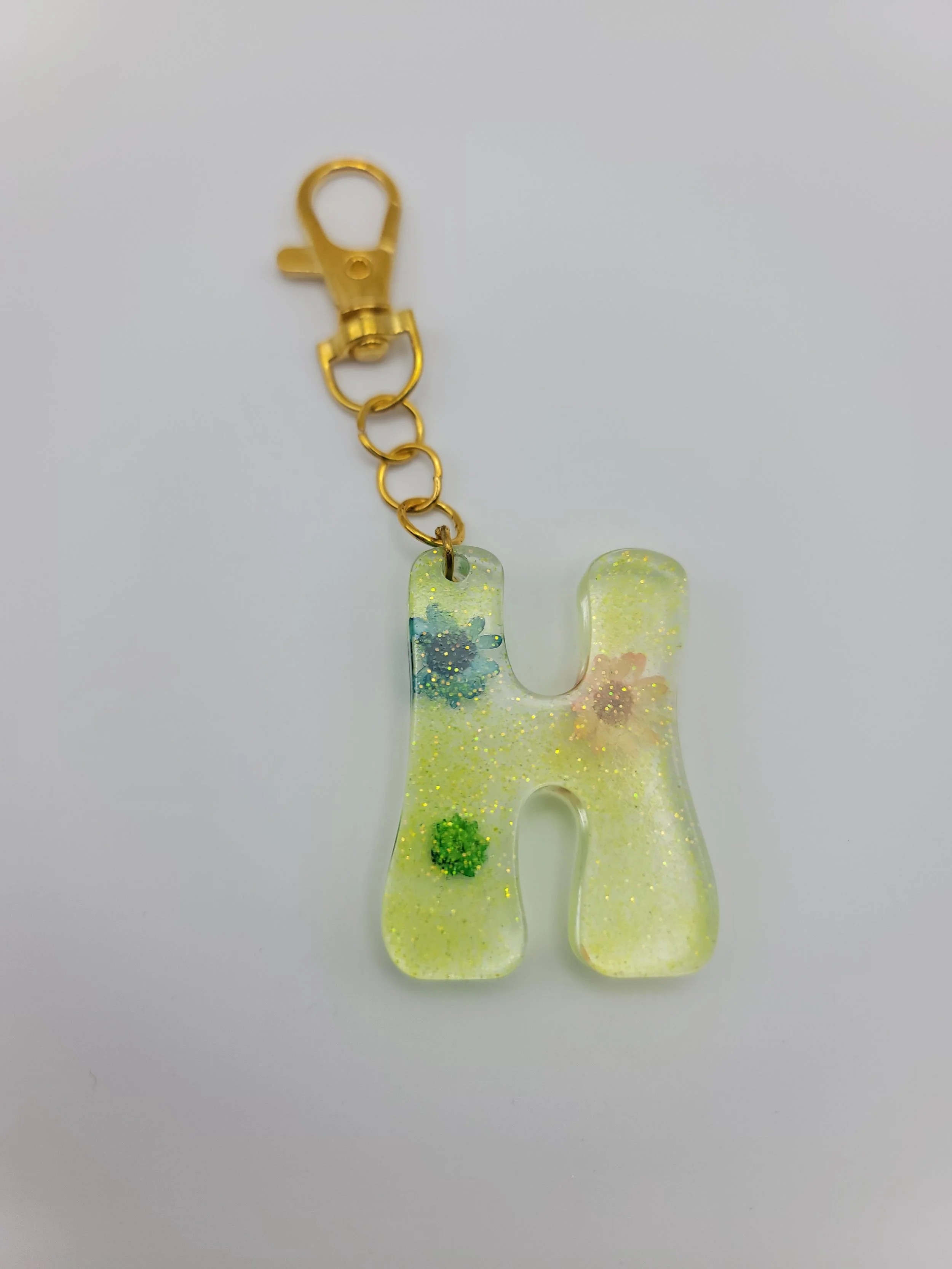 "H" Translucent Yellow Glitter & Flower Keychain