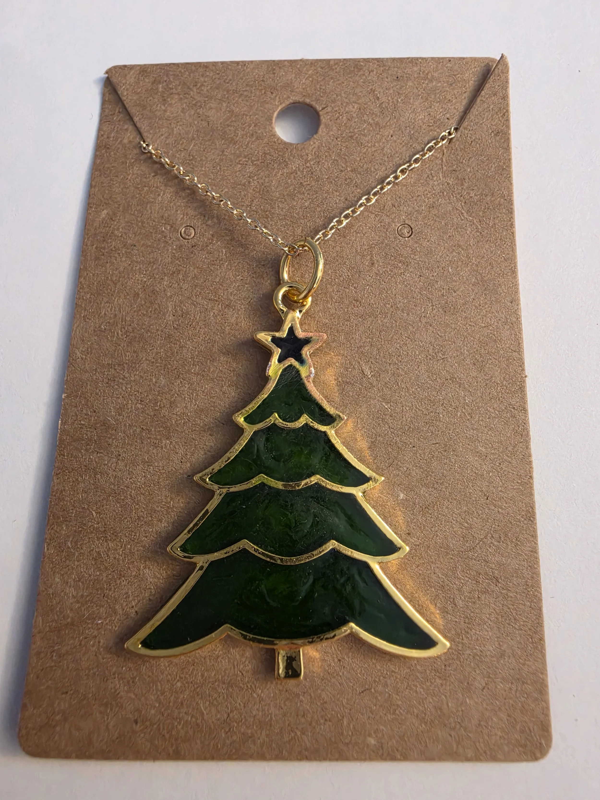 Green Christmas Tree Gold Chain Necklace