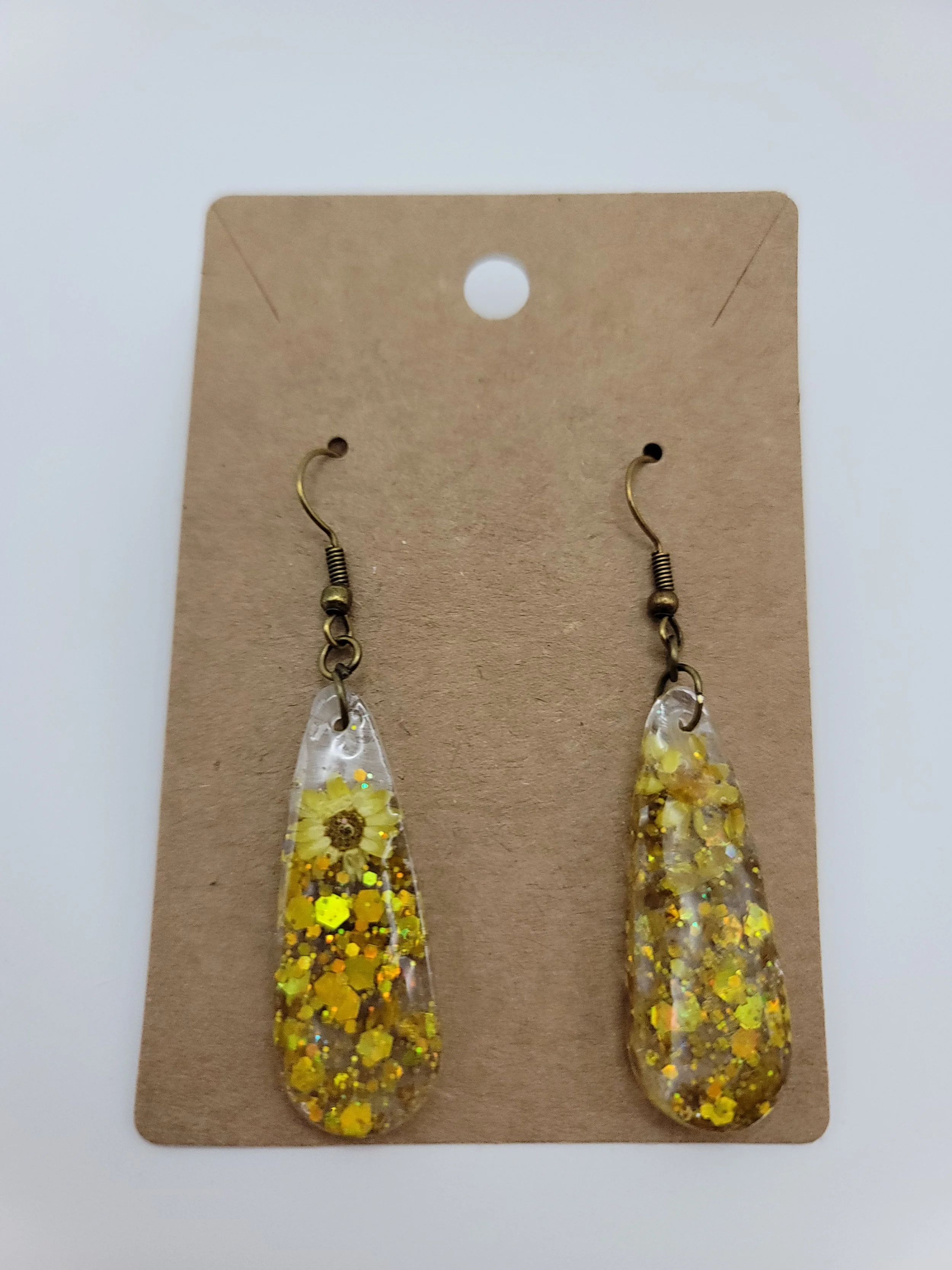 Yellow Flower Glitter Teardrop Earrings