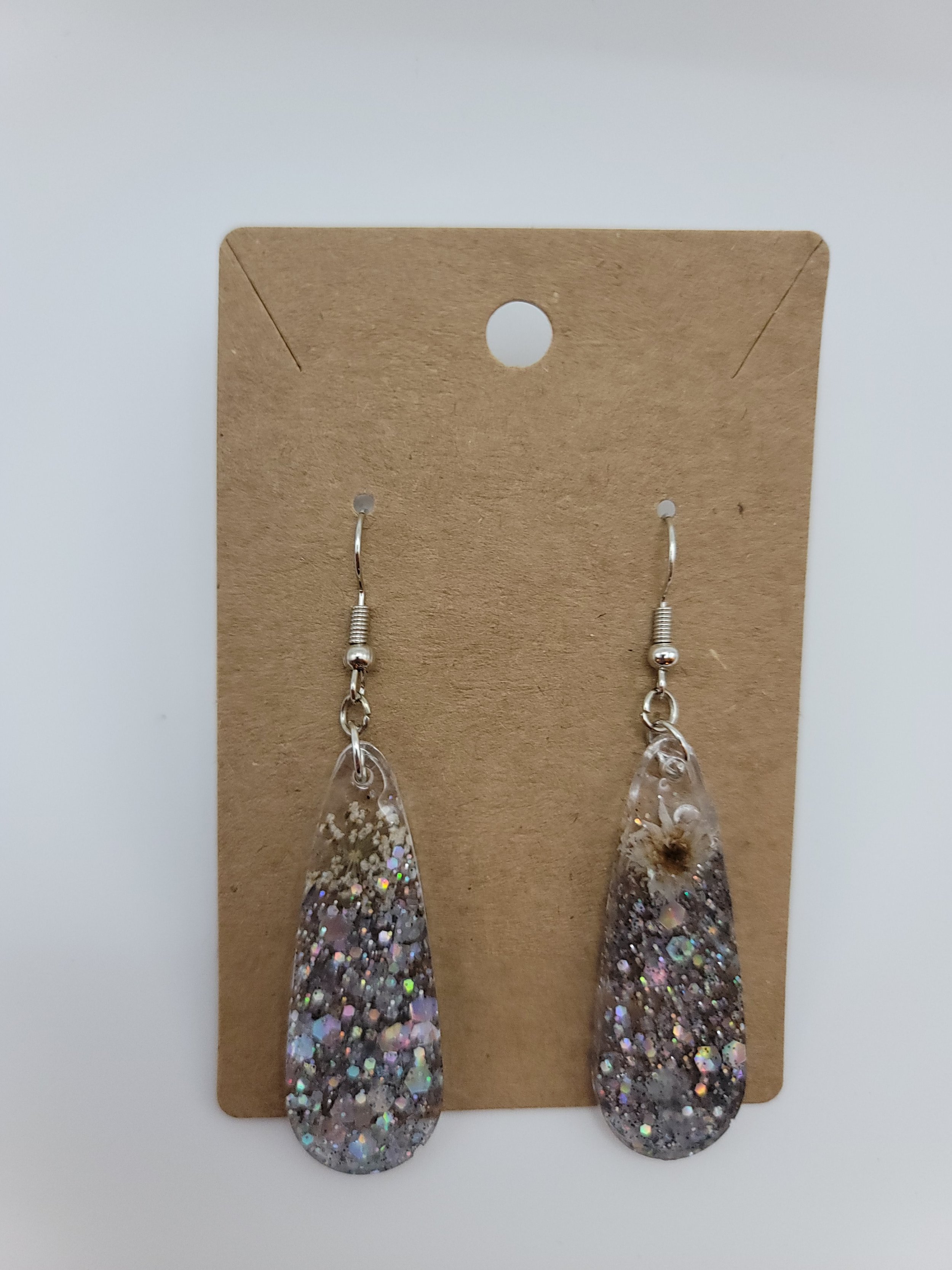 White Flower Silver Glitter Teardrop Earrings