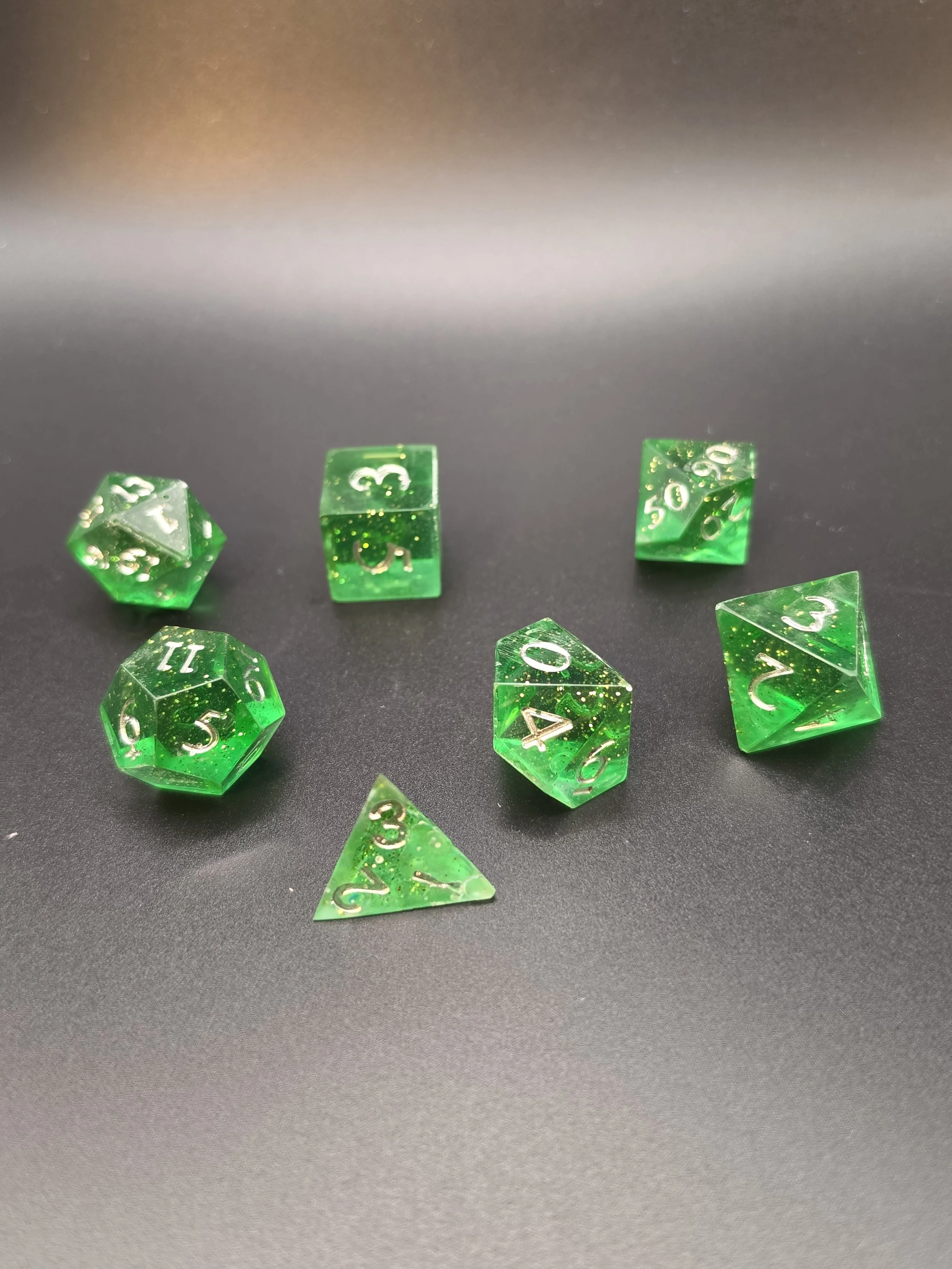 Green Sparkly Silver Lettering Epoxy Resin Dice- Set of 7