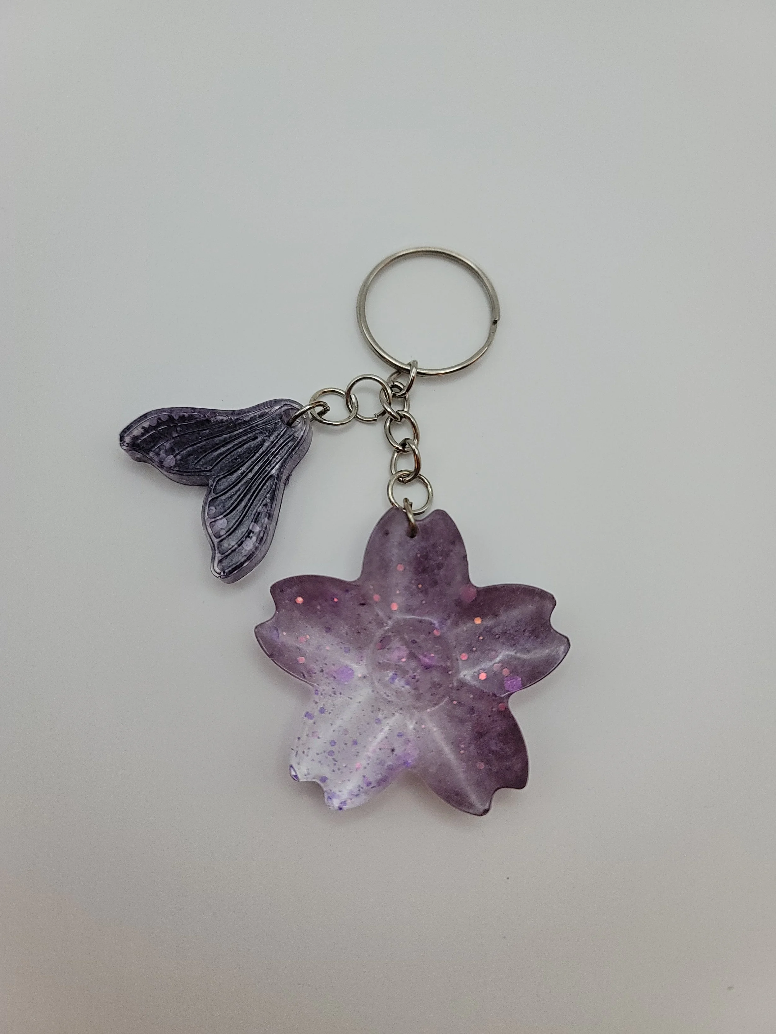 Purple Glitter Flower Keychain with Purple Mermaid Tail Charm