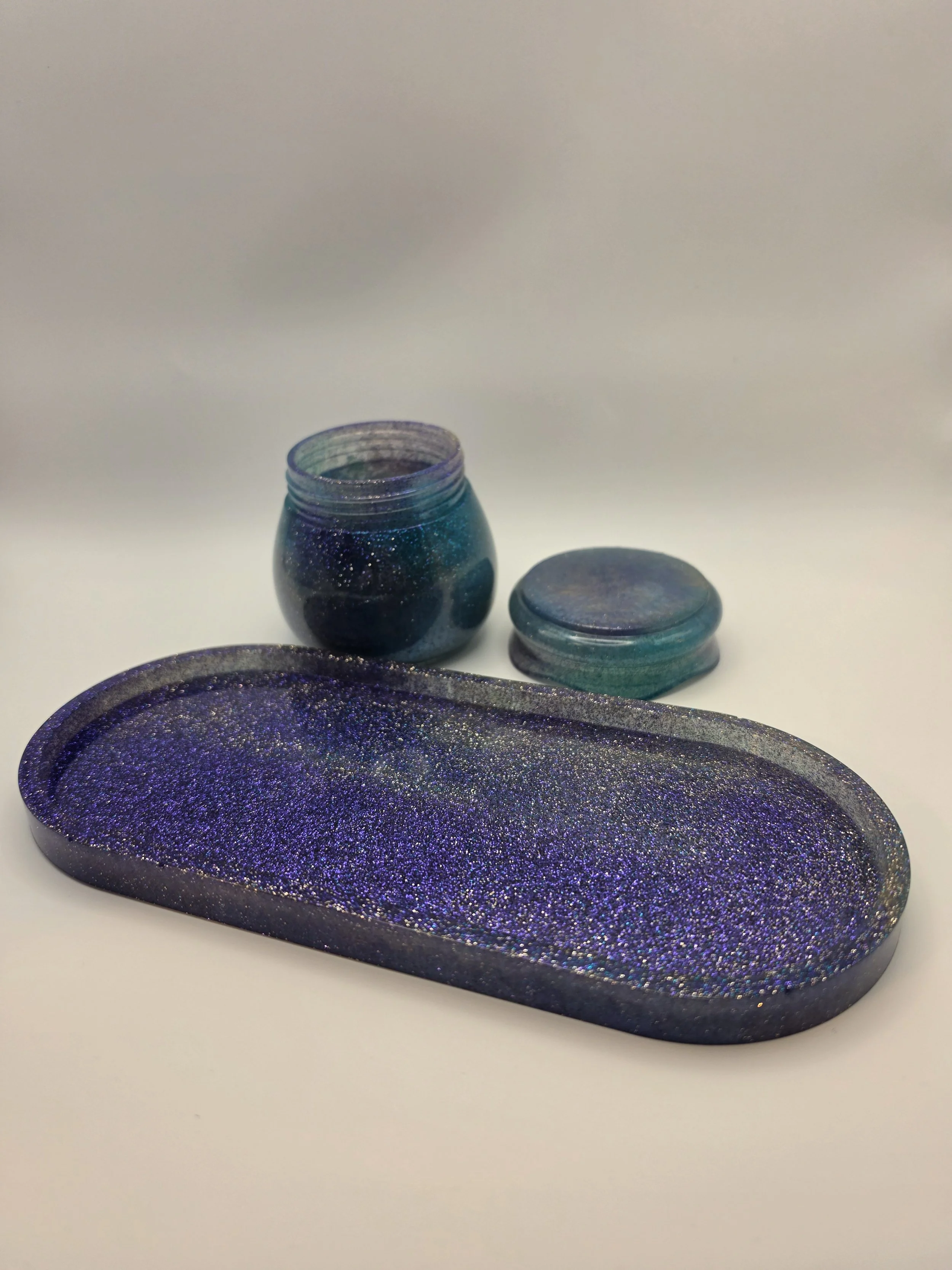 Blue, Green, Purple Glitter Oval Tray & Jar