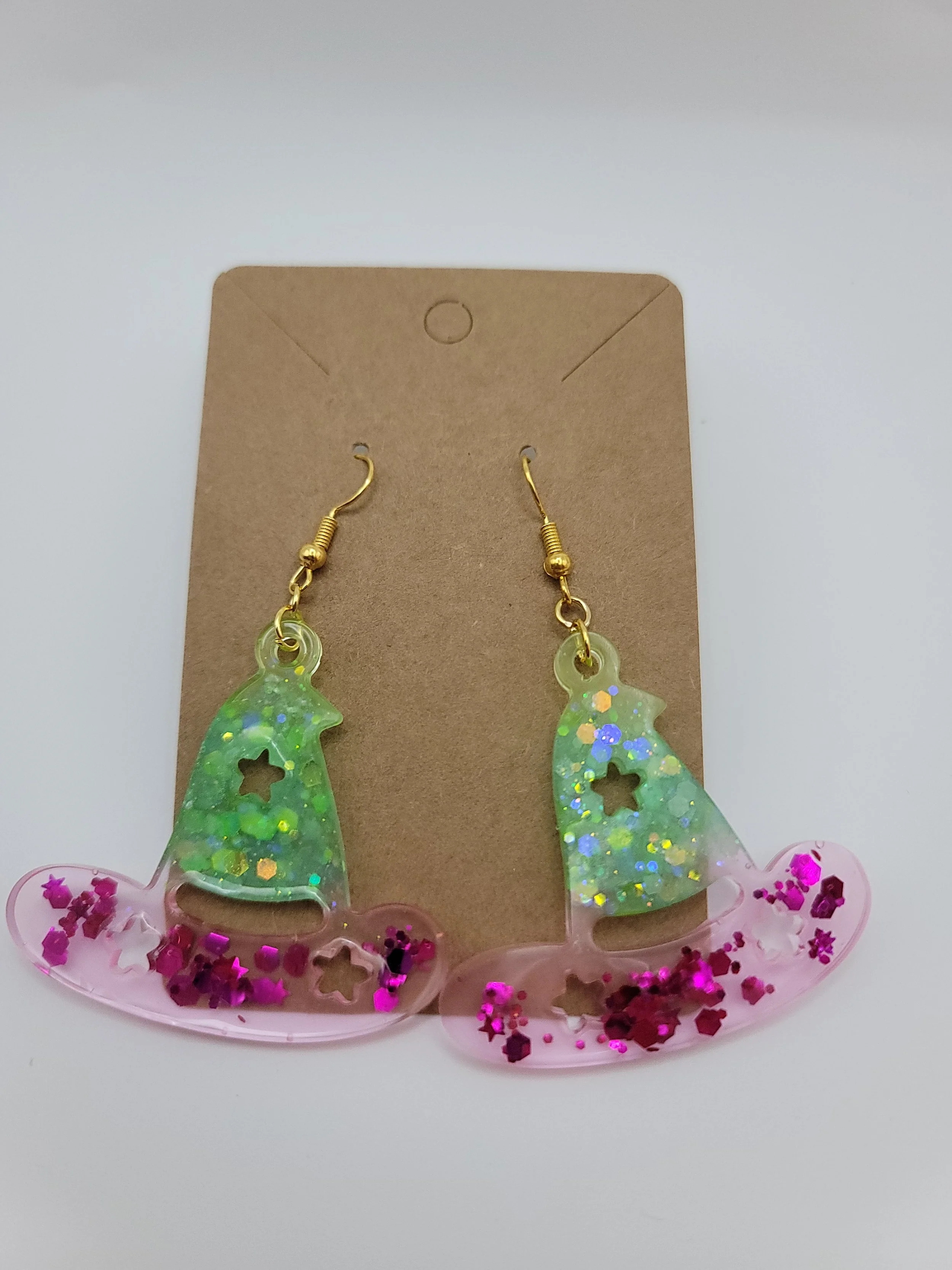 Glow in the Dark Witch Hat Green & Pink Glitter Earrings