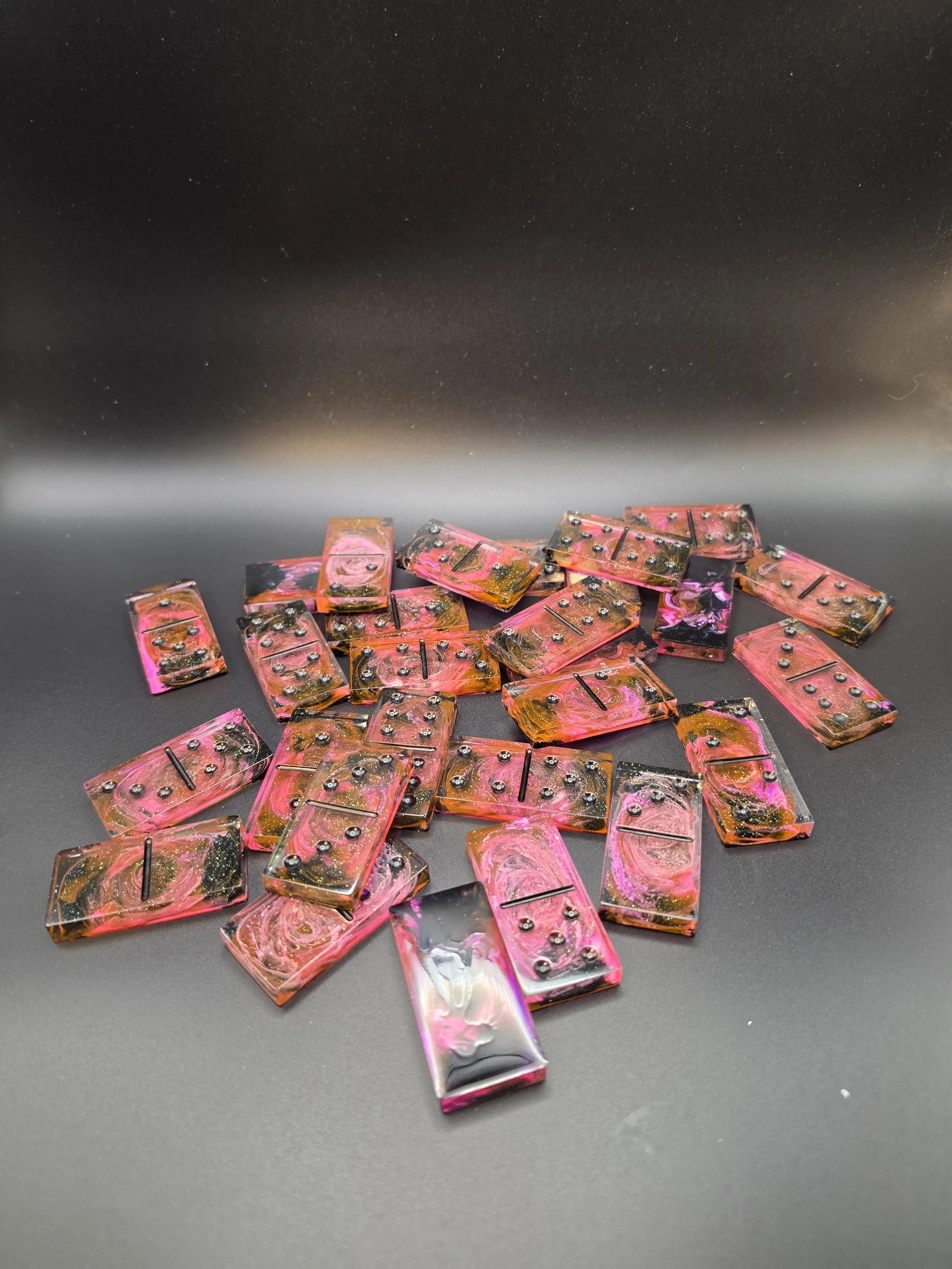 Large Black & Pink Petri Glitter Double 6's Dominoes