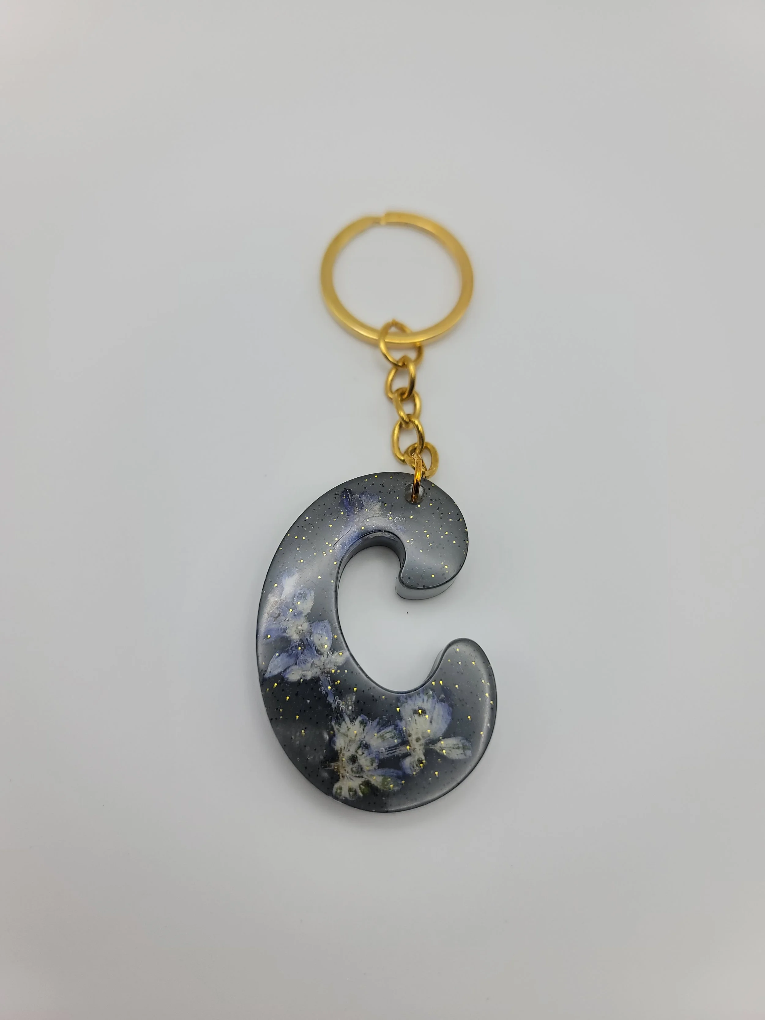 "C" Grey Flower Glitter Keychain