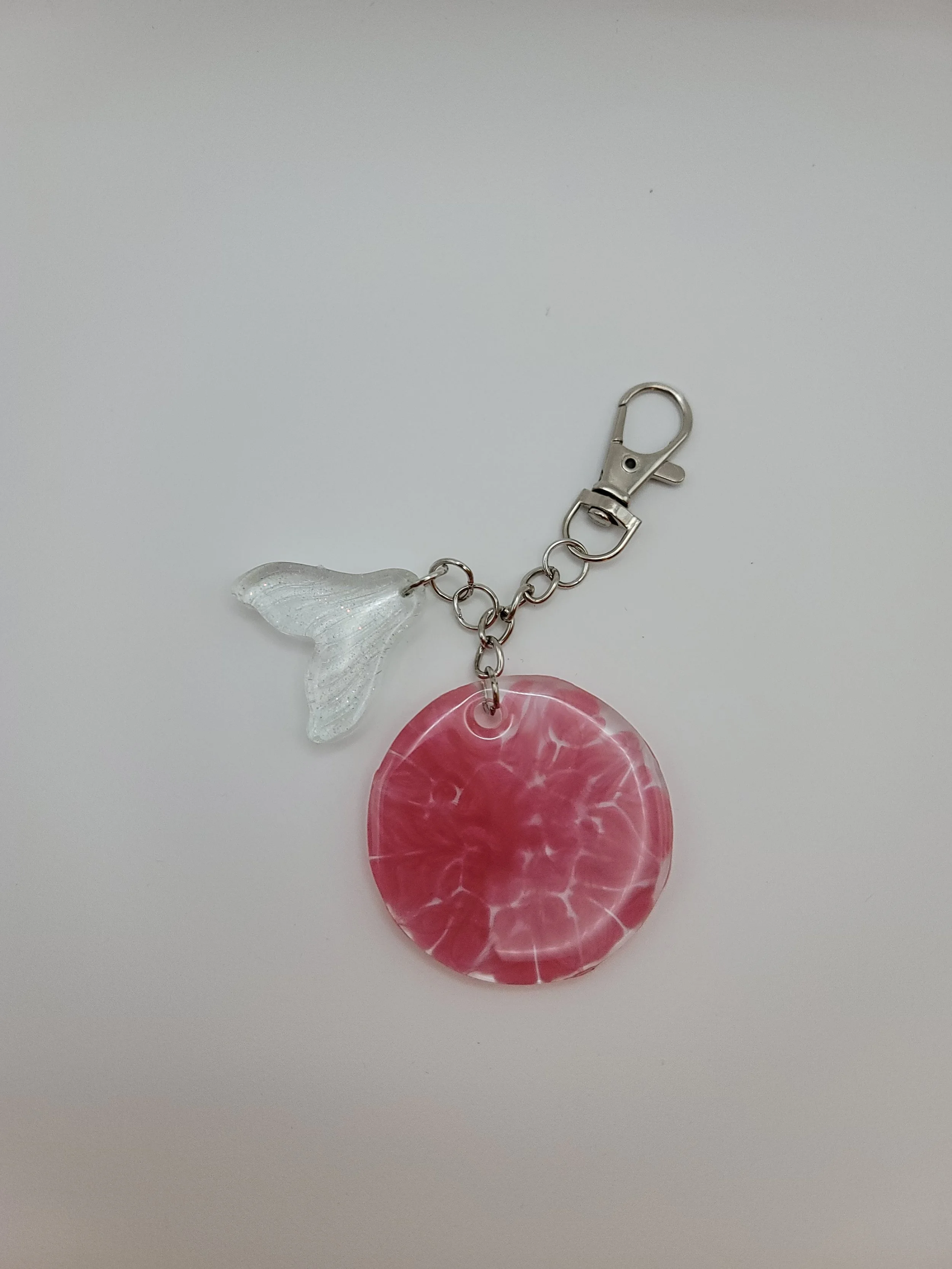 Pink Circular Keychain with Translucent Mermaid Tail Charm