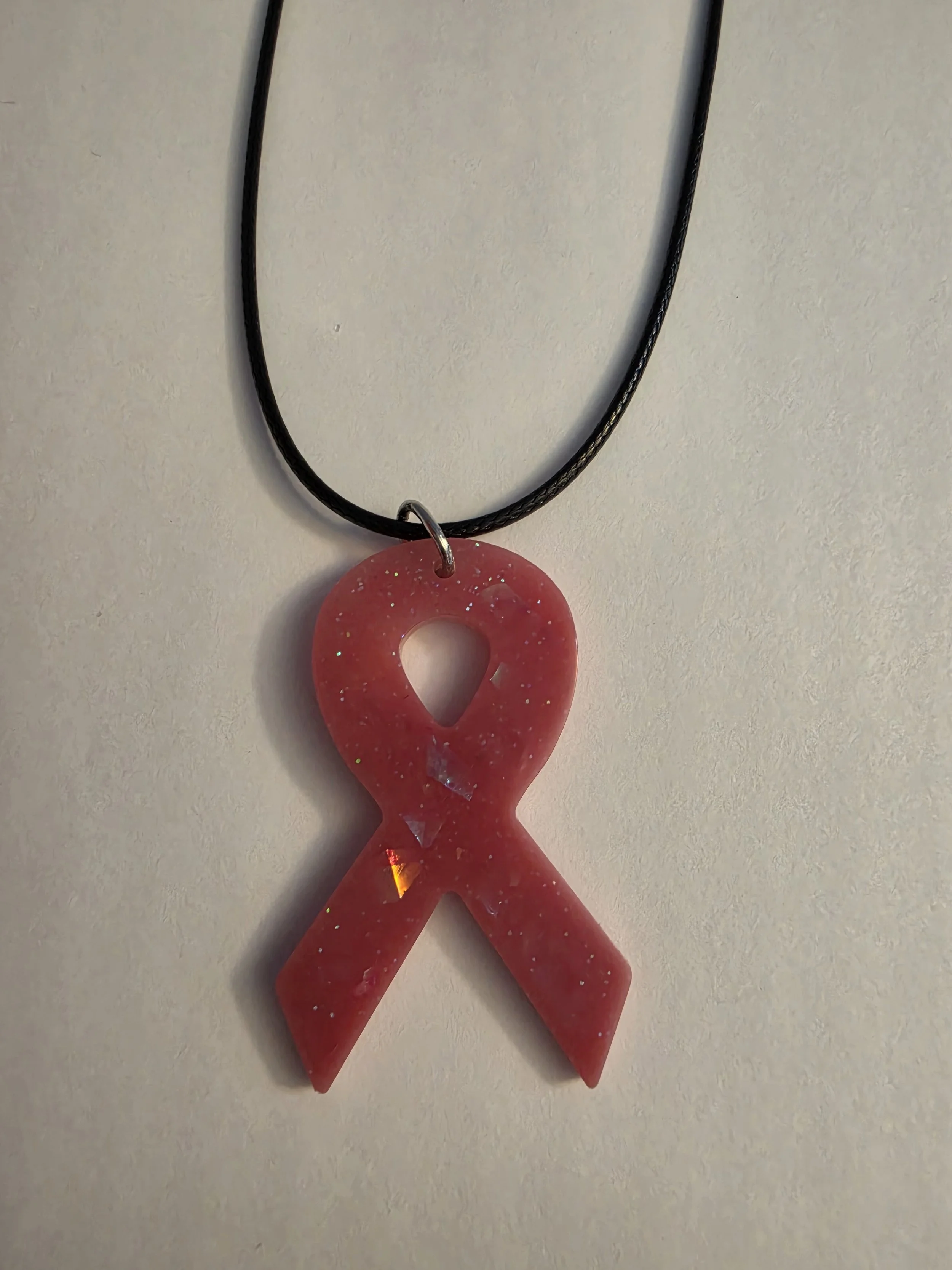 Pink Glitter Ribbon Awareness Necklace