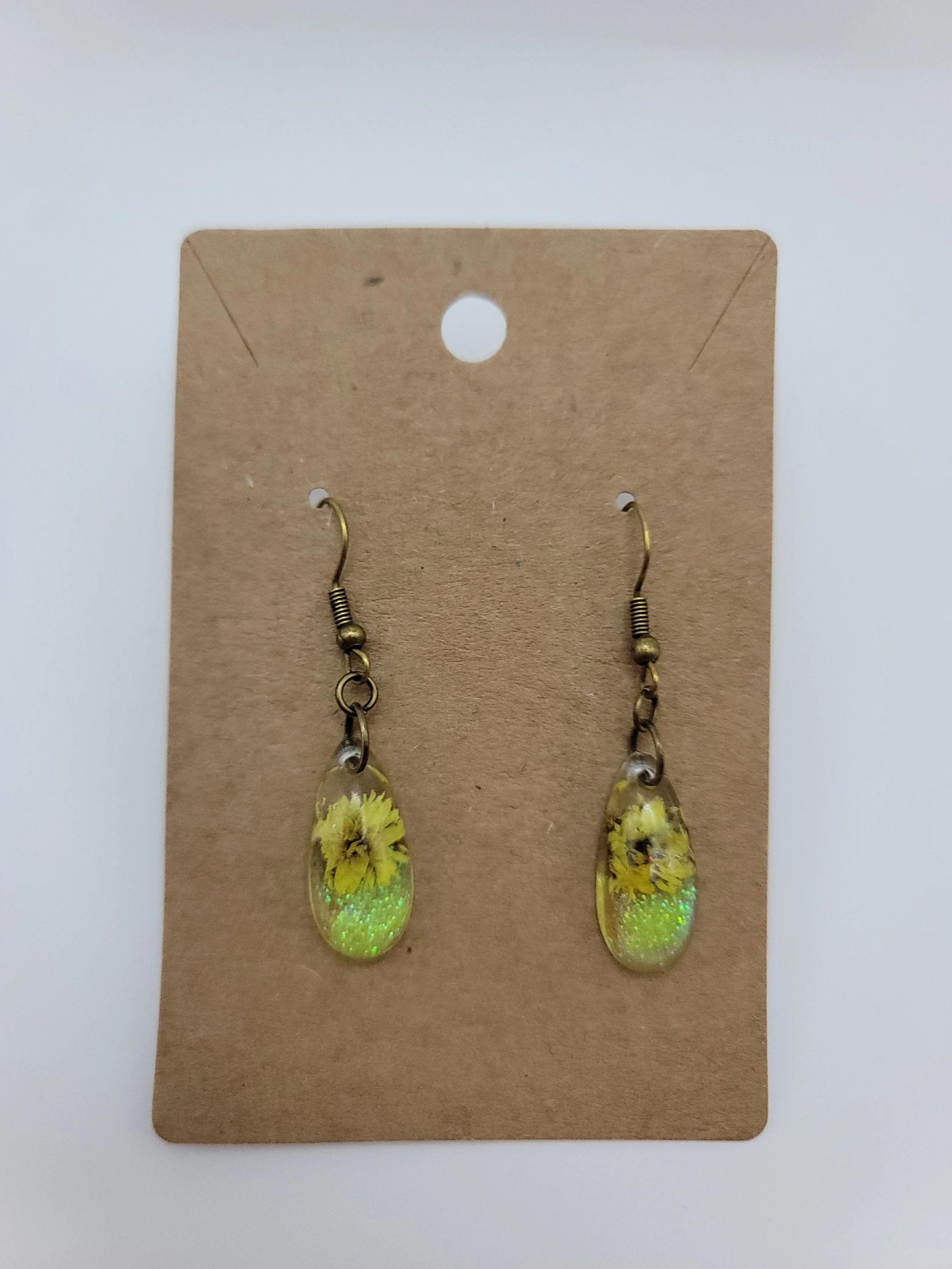Yellow Flower Green Glitter Teardrop Earrings