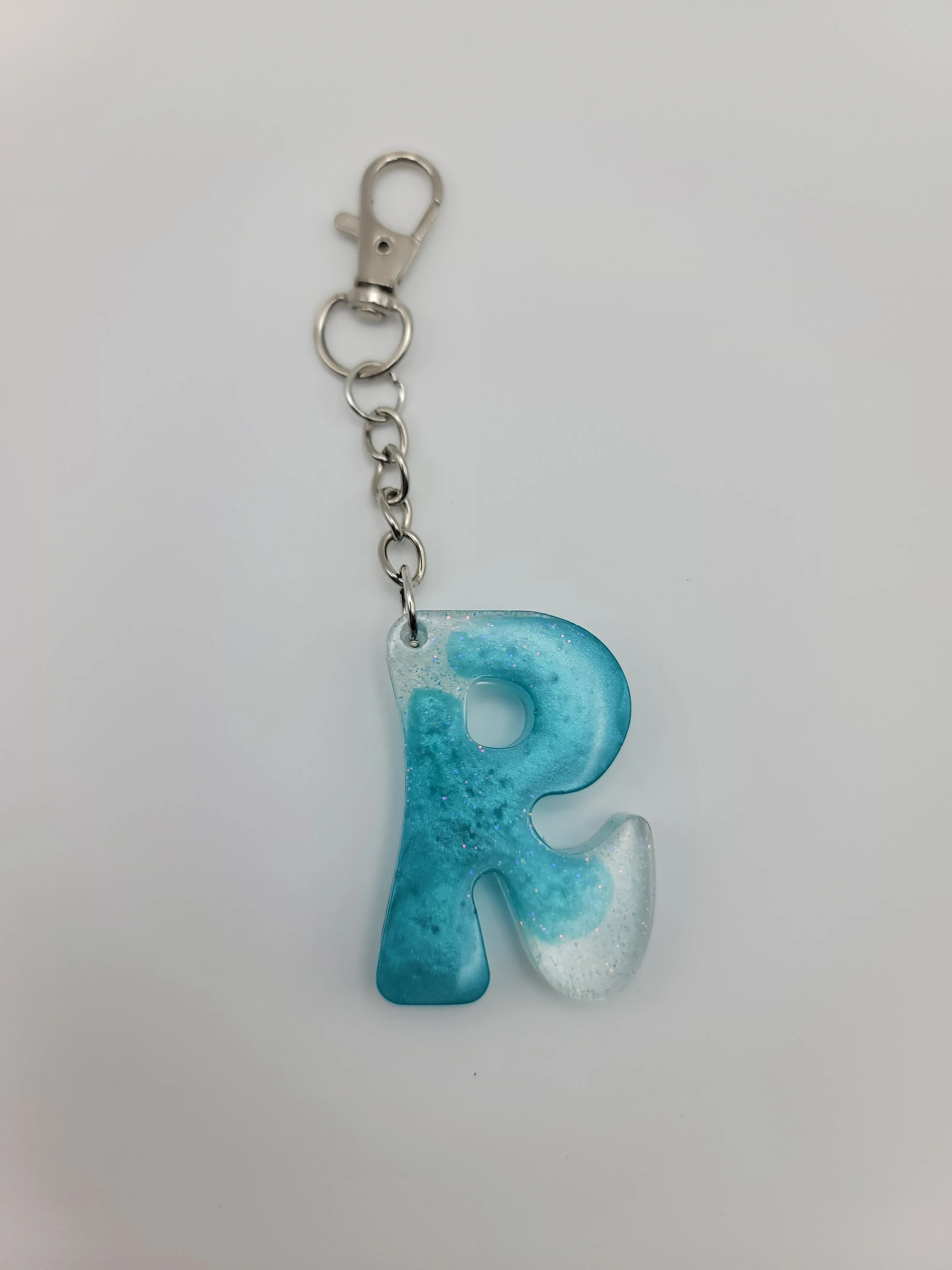 "R" Blue & Clear Glitter Keychain