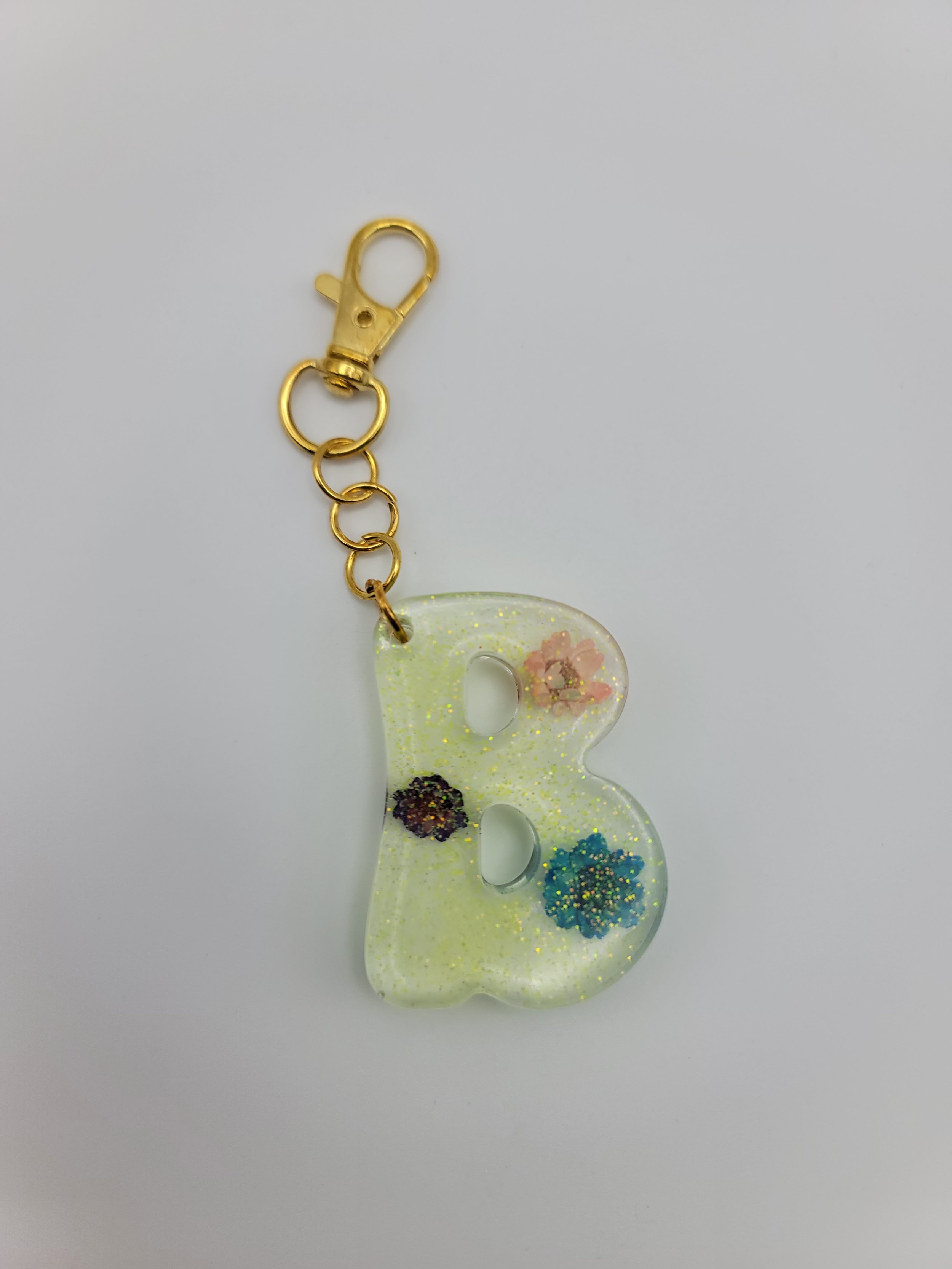 "B" Translucent Yellow Glitter & Flower Keychain