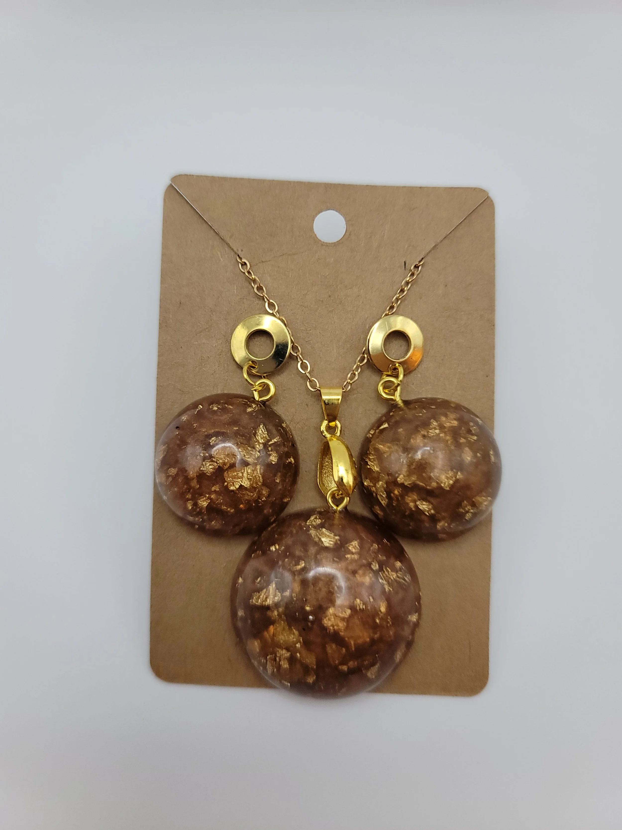 Round Amber Gold Flake Jewelry Set