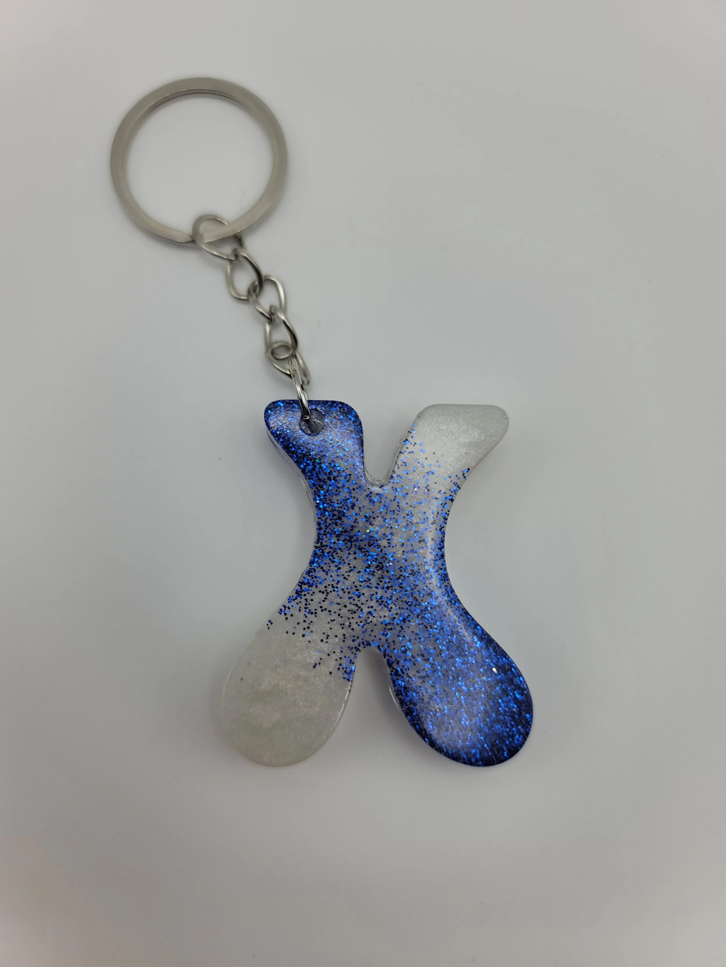 "X" Blue & White Glitter Keychain