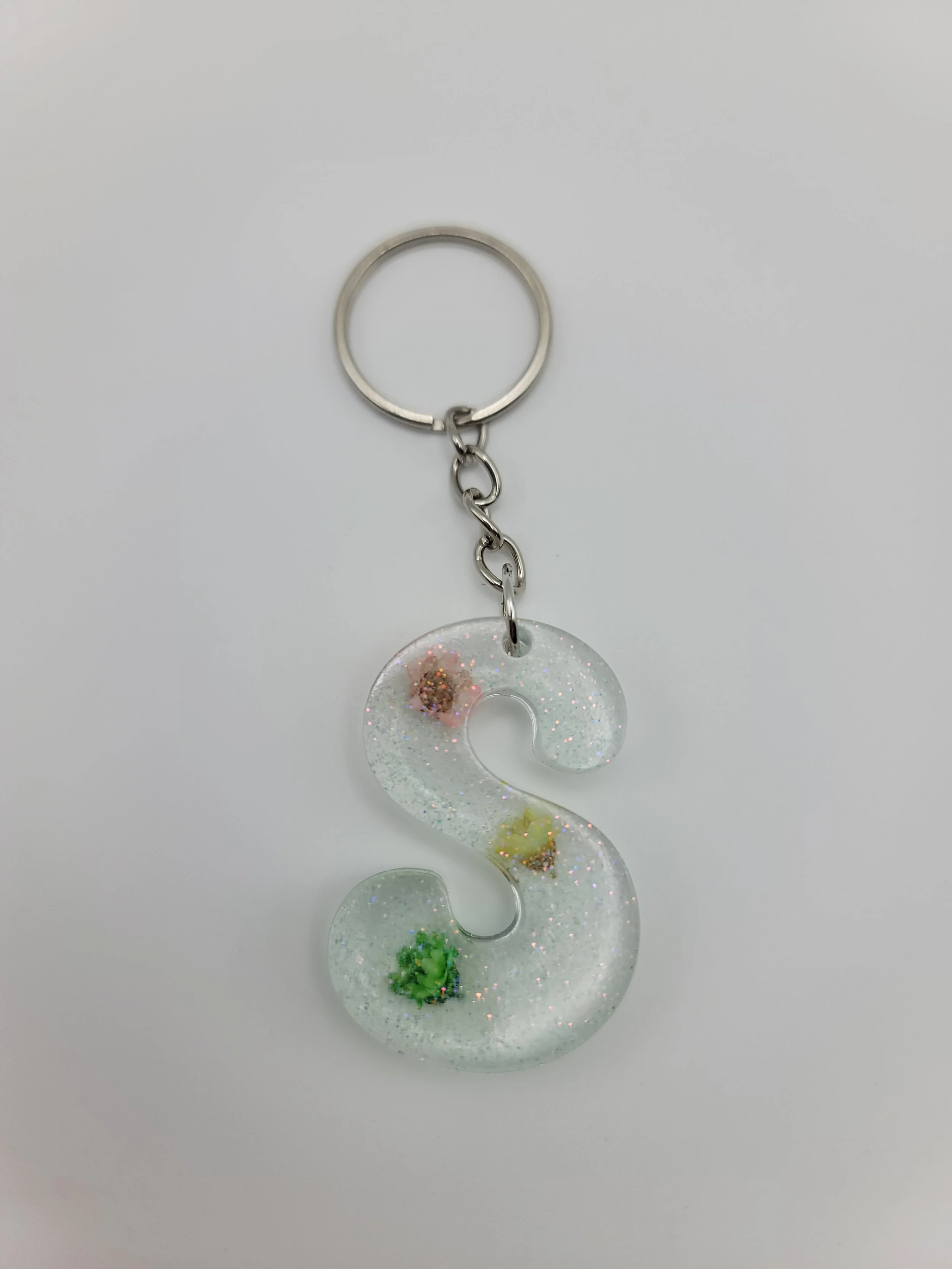 "S" Translucent Glitter & Flower Keychain