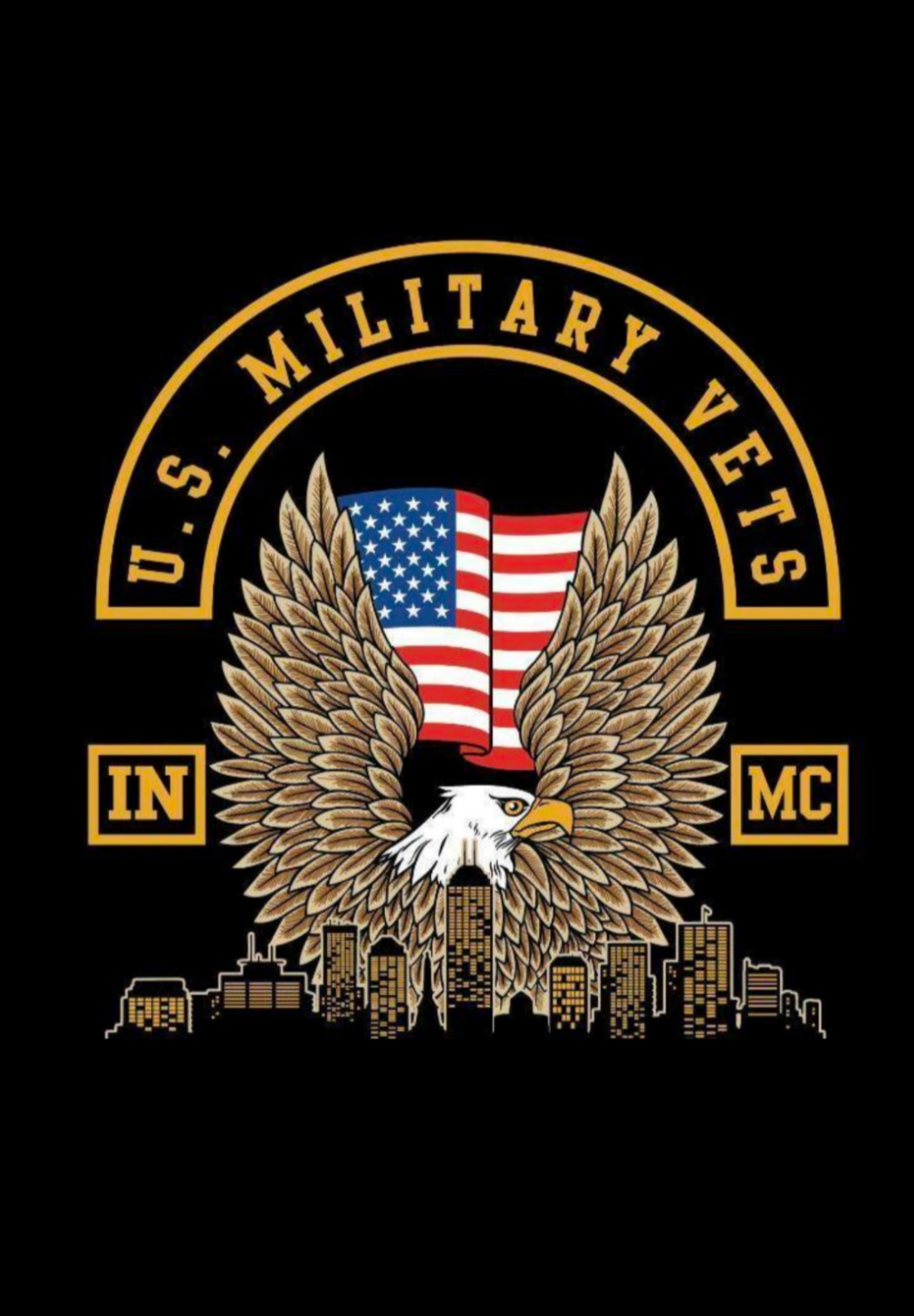 U.S. Military Veterans emblem featuring an eagle with outstretched wings, holding an American flag, with a city skyline below and the words 'U.S. Military Veterans' and 'IN MC' in bold yellow letters.