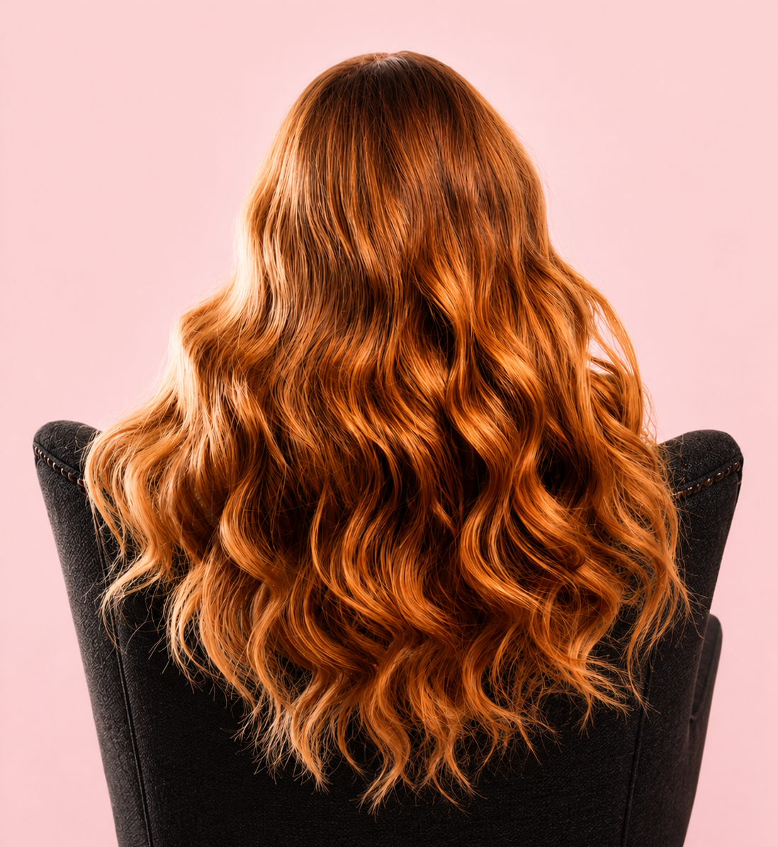 Back view of a woman with long, wavy, red hair sitting on a black chair against a light pink background.