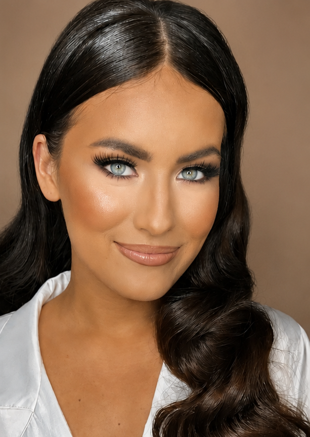Close-up portrait of a woman with blue eyes and long, dark, wavy hair, wearing a white shirt, against a neutral background.