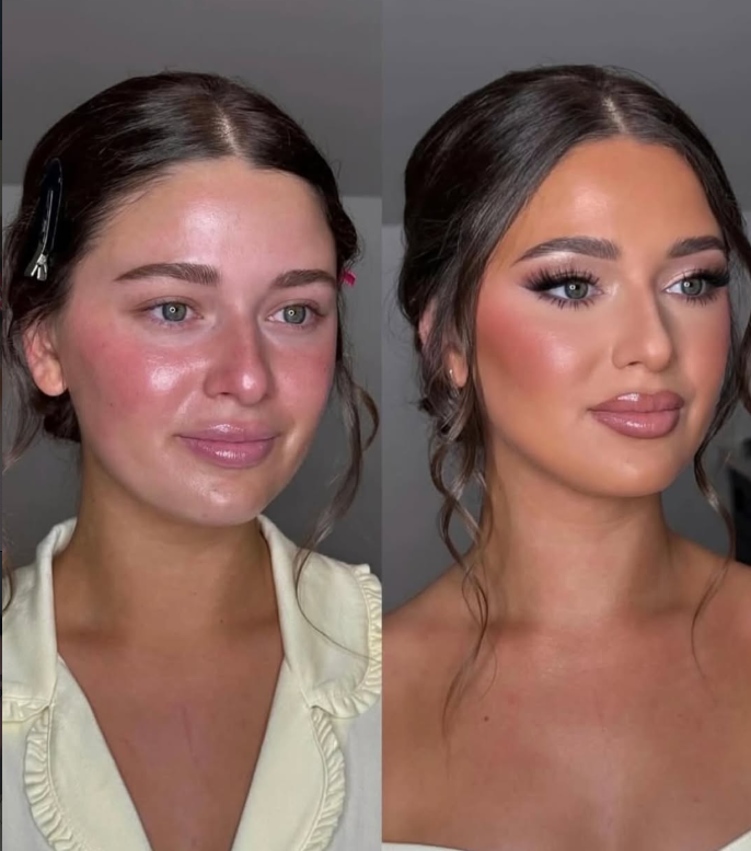 Side-by-side comparison of a woman before and after makeup application. The before image shows her with natural skin and minimal makeup, while the after image displays her with full makeup, including eye makeup, foundation, blush, and lipstick, enhancing her features.