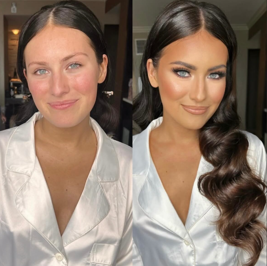 Side-by-side comparison of a woman before and after makeup and hair styling, wearing a white silk shirt, with dark hair and blue eyes.