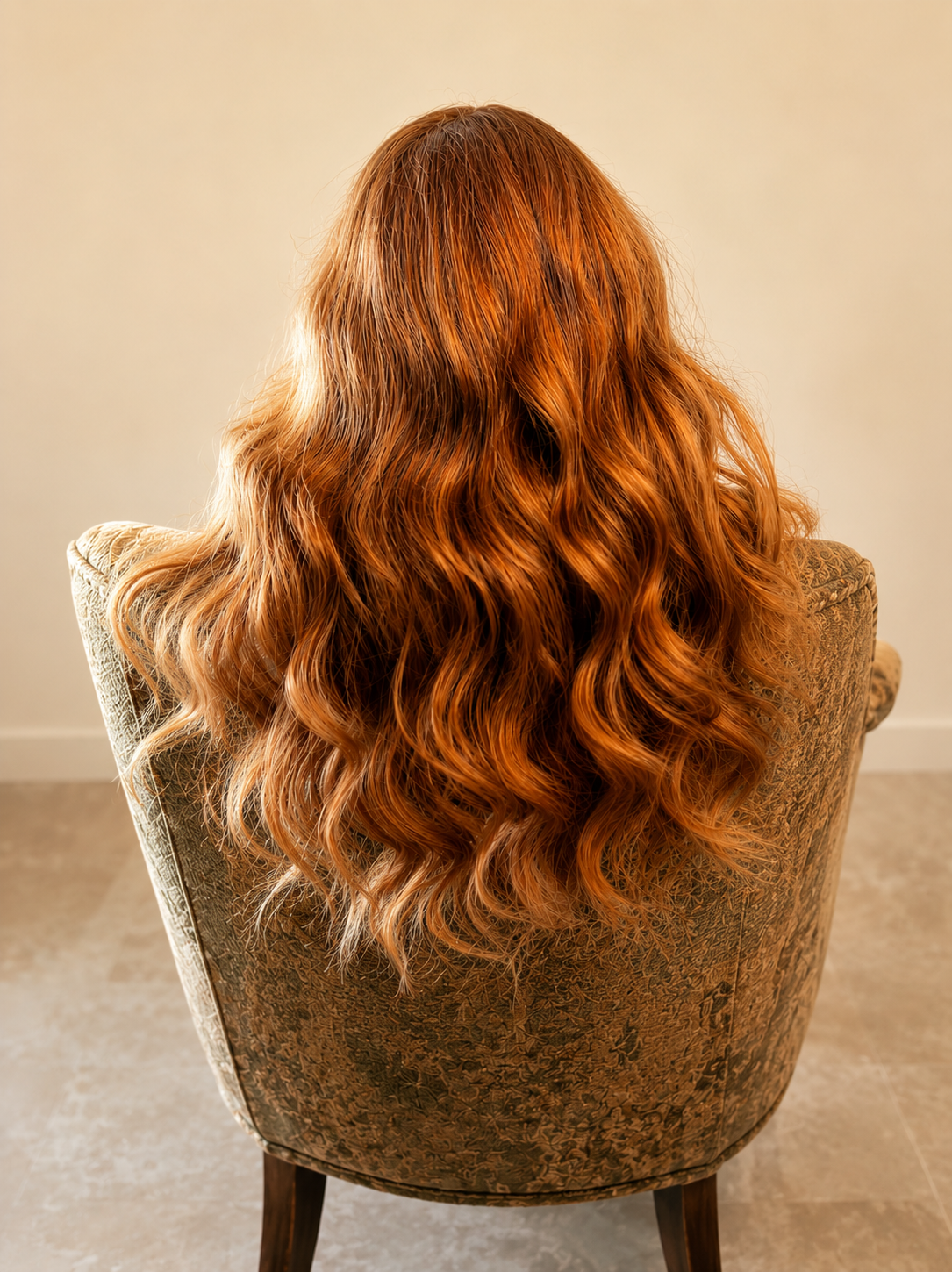 Back view of a person with long, wavy, red hair sitting in an upholstered chair.