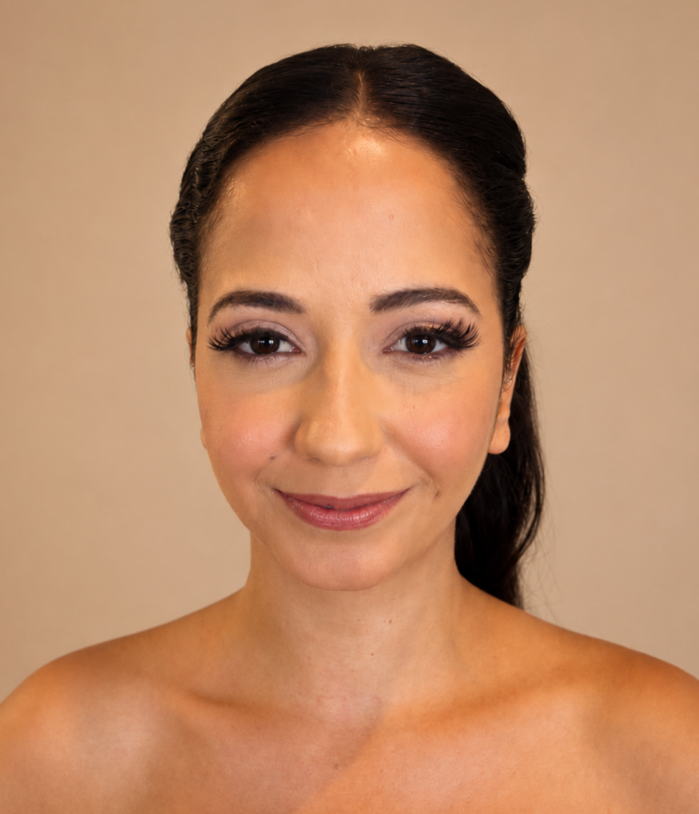 Close-up portrait of a smiling woman with dark brown hair styled in a sleek ponytail, wearing makeup with prominent eyelashes, against a neutral background.