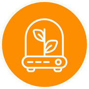 Icon of a plant sprouting inside a window on a shelf with an orange background.