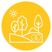 Line art illustration of trees, sun, and a medical kit with a cross on it, all within a yellow circular background.