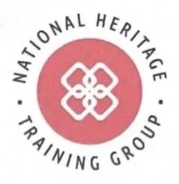 Logo of the National Heritage Training Group featuring a pink circle and stylized interconnected keys with the organization's name around the circle.