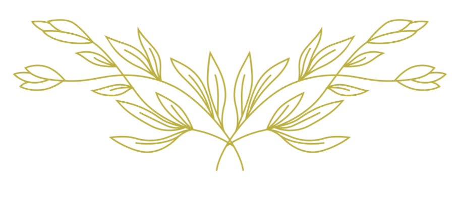 A gold decorative floral design with symmetrical leaves and branches on a black background.