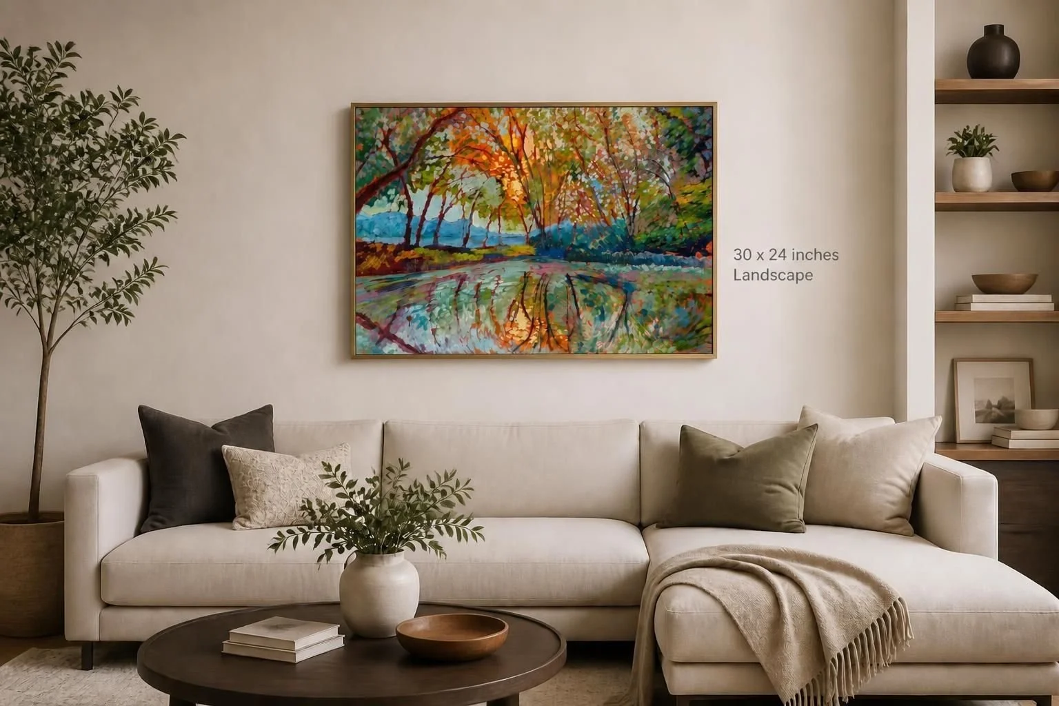 Framed artwork living room prismatic trees.jpg
