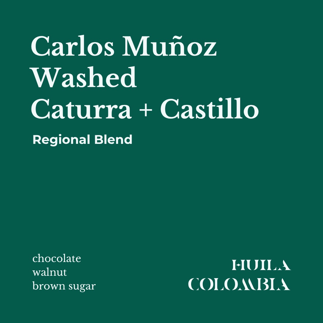 KWC Roasters specialty Colombian coffee info card featuring Carlos Munoz caturra and castillo blend with notes listed as chocolate, walnut, brown sugar