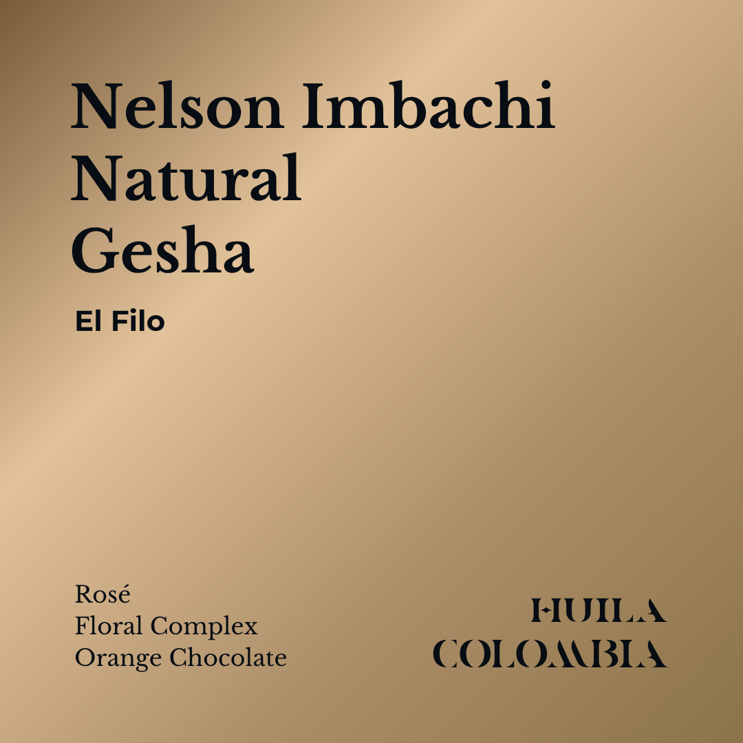 KWC Roasters specialty coffee info card featuring nelson imbachi natural gesha from el filo with notes listed as rosé, floral, orange chocolate