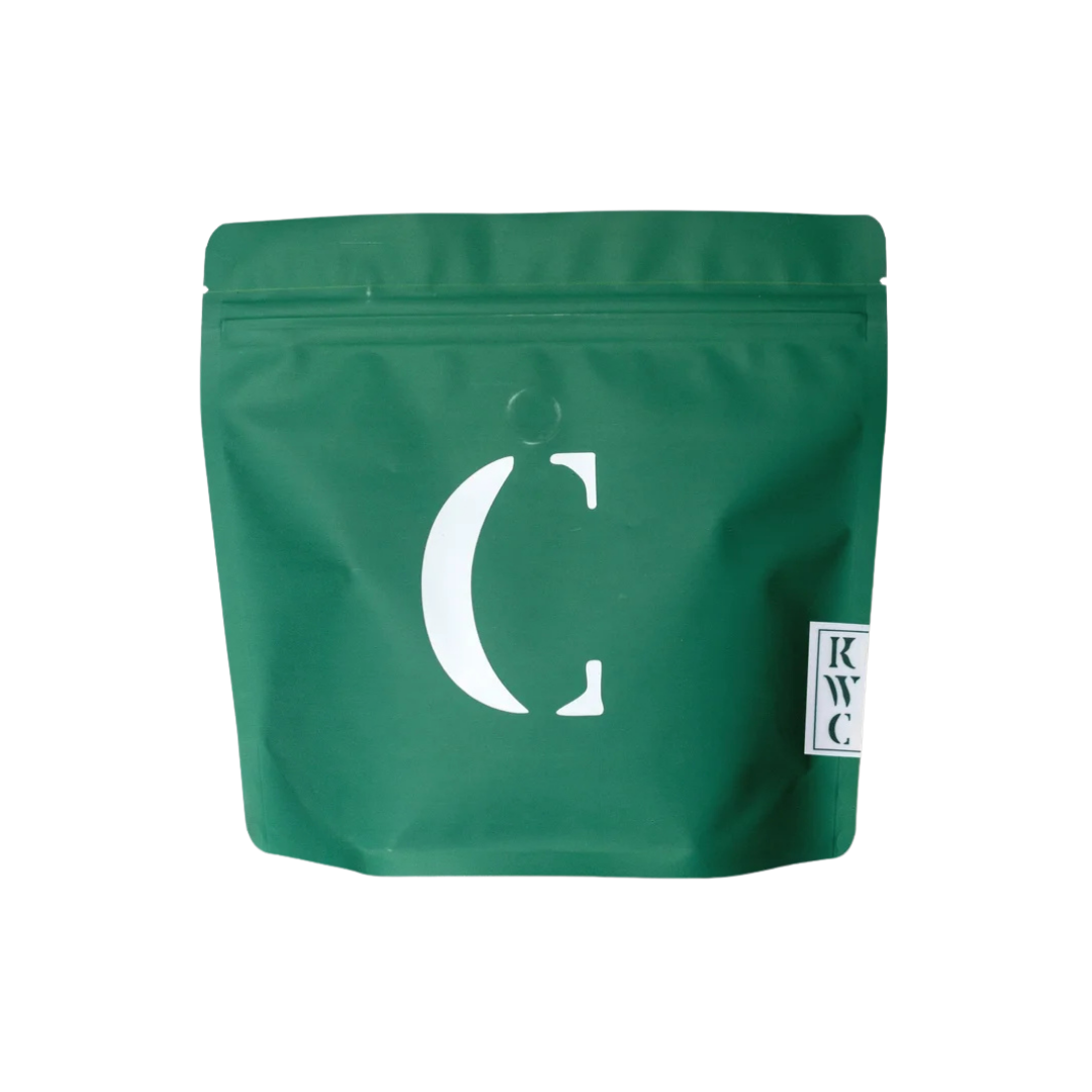 KWC Roasters c label bag with white label and specialty whole bean coffee