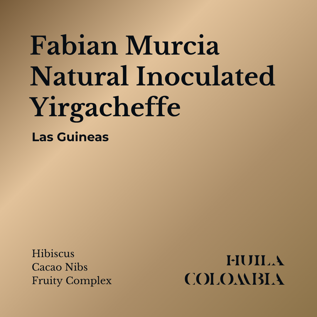 Fresh roasted Yirgacheffe Natural Inoculated Coffee from Huila, Colombia by Fabian Murcia with notes of Hibiscus, Cacao Nibs, and Fruity Complexity.