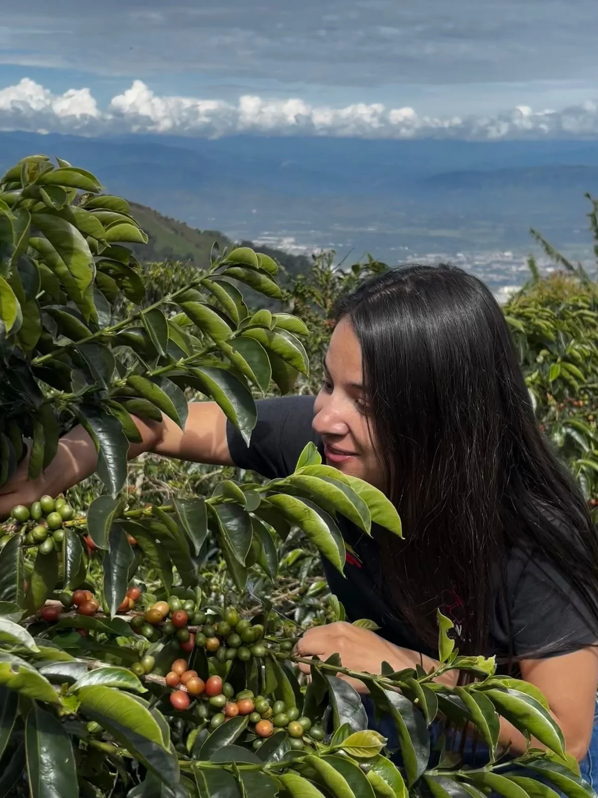 Specialty coffee producer and grower Yessica Parra of Diwan Coffee on the farm at Finca El Mirador. In the background, the landscape of Pitalito, Huila, Colombia.