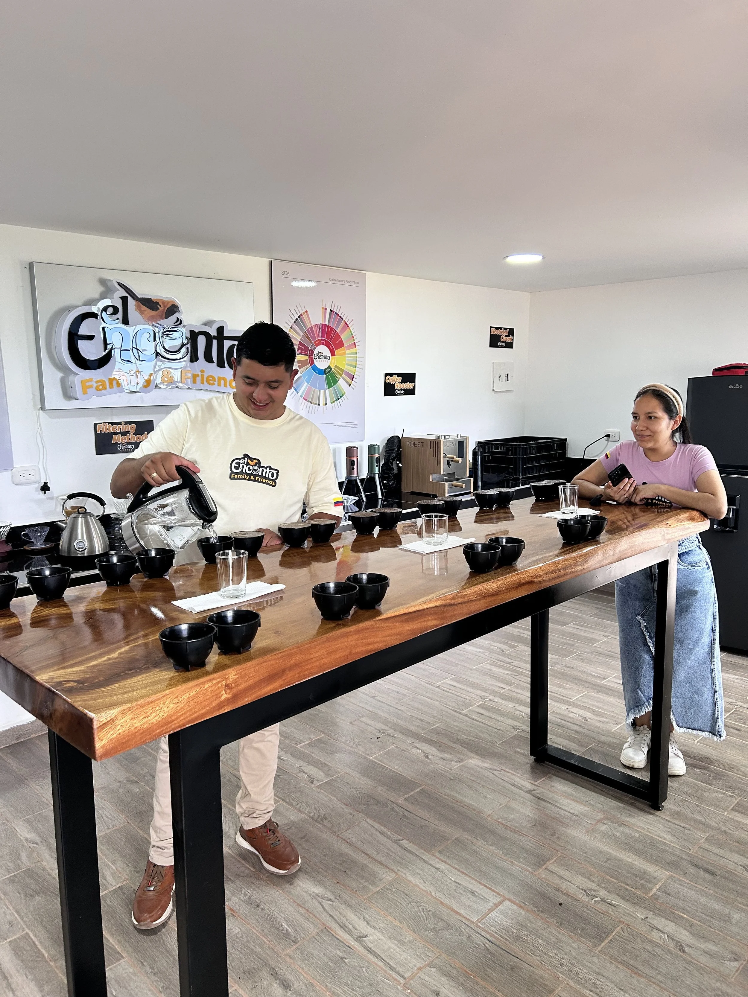 Cupping roasted specialty coffee at El Encanto in Pitalito, Huila, Colombia with KWC Roasters