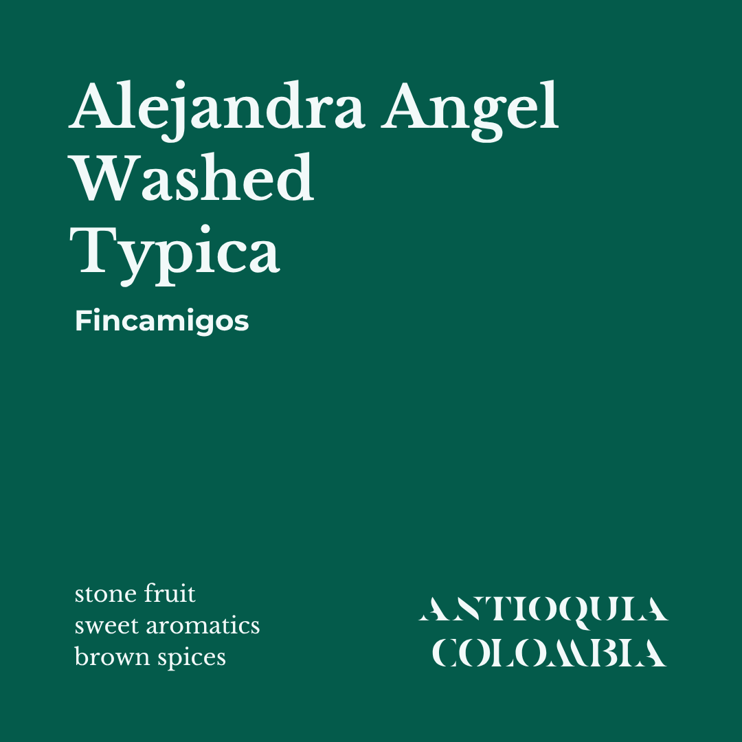KWC Roasters Colombia specialty coffee info card featuring Fincamigos Alejandra Angel Washed Typica with notes listed as stone fruit, sweet aromatics, brown spices