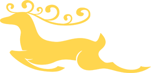 Golden reindeer silhouette flying with swirling antlers facing left.
