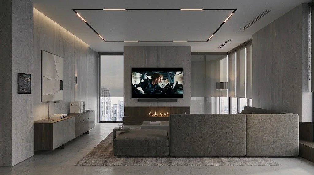 Modern living room with a wall-mounted smart home touch panel and TV