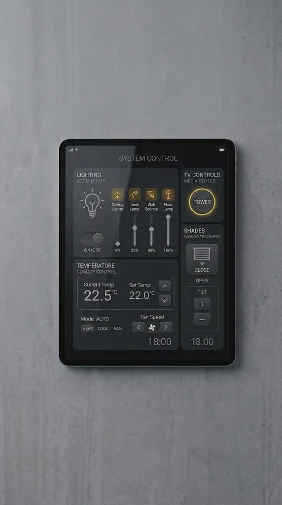 Smart home touch panel showing lighting and temperature controls