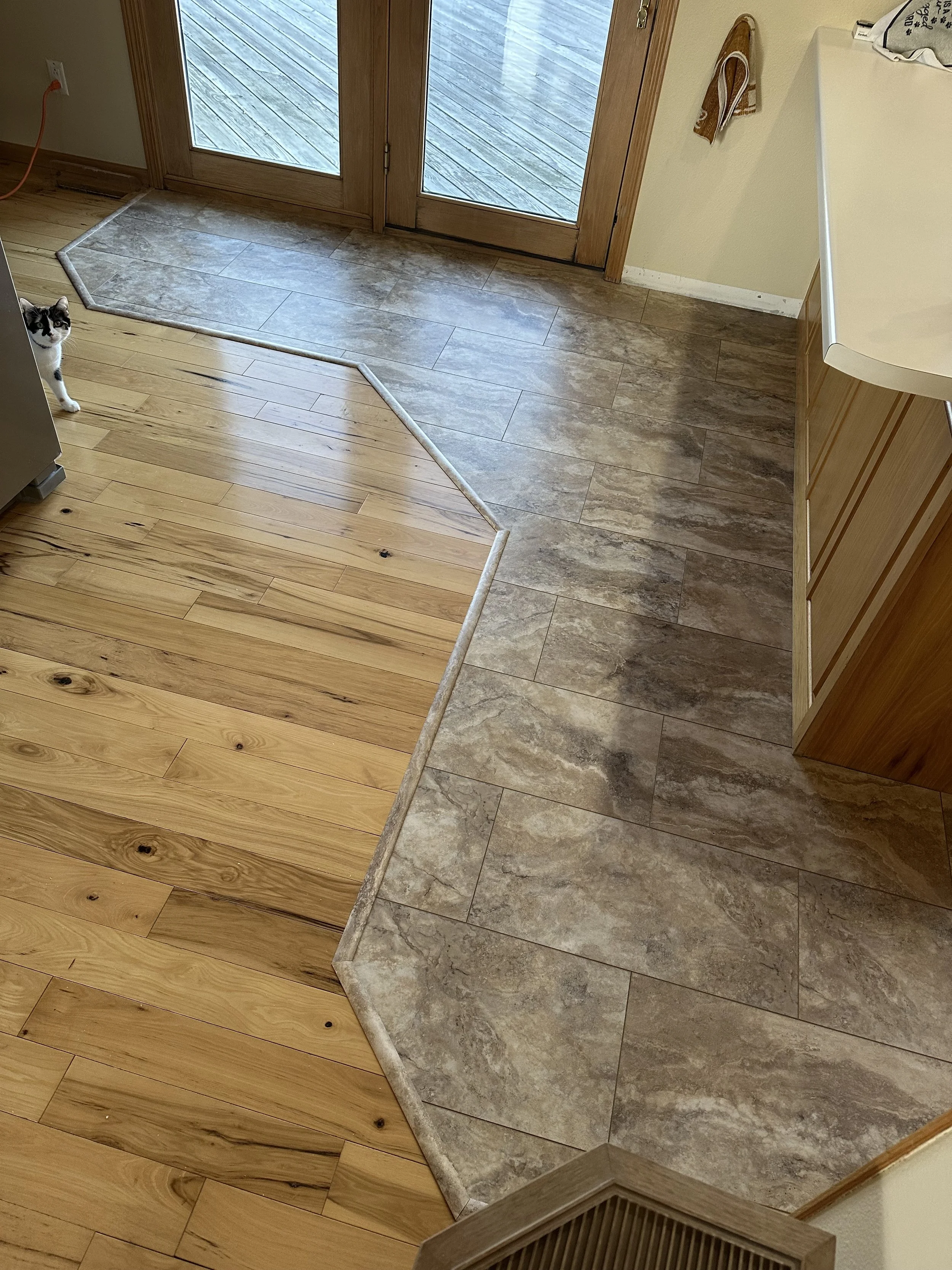 The image shows a room with a mix of hardwood and tile flooring. There are wooden double doors leading outside to a wooden deck. A small cat is sitting on the hardwood floor near the corner, looking toward the camera. A towel hangs on the wall, and part of a white countertop or appliance is visible on the right side of the image.
