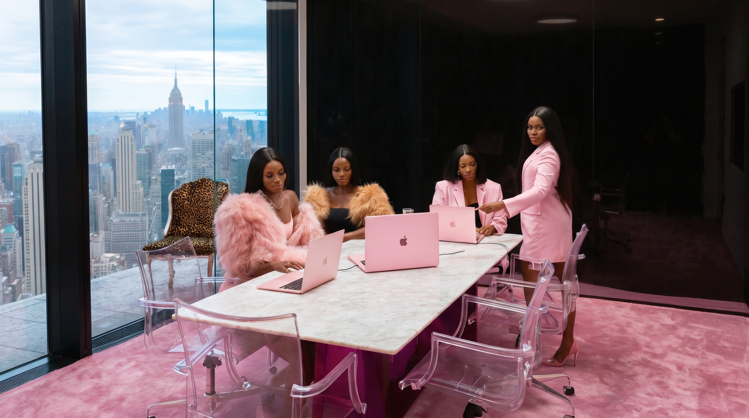 Four women in stylish pink outfits working on laptops in a high-rise office with a view of New York City skyline.