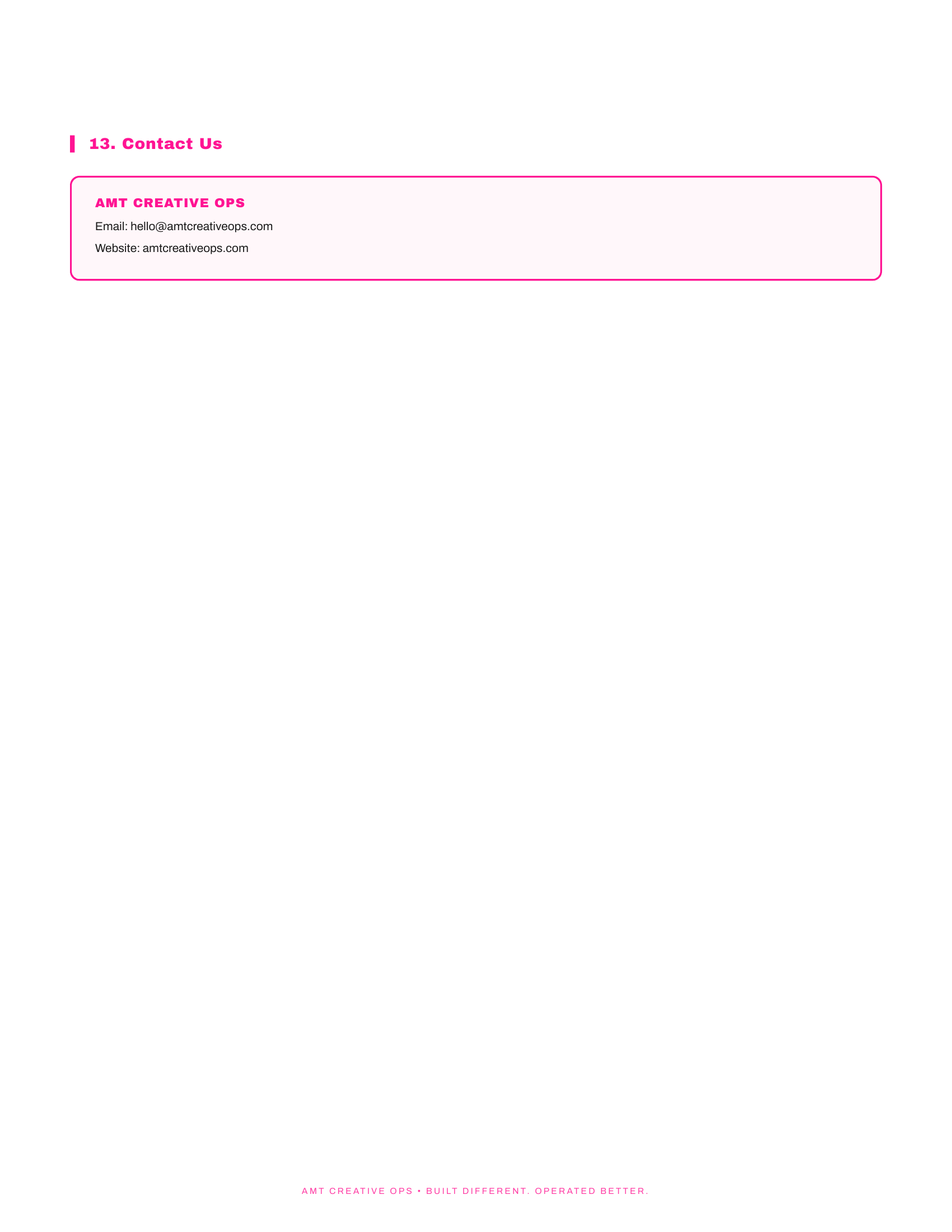 Contact information section with email hello@amtcreativeops.com and website amtcreativeops.com, highlighted in pink, on a white background.