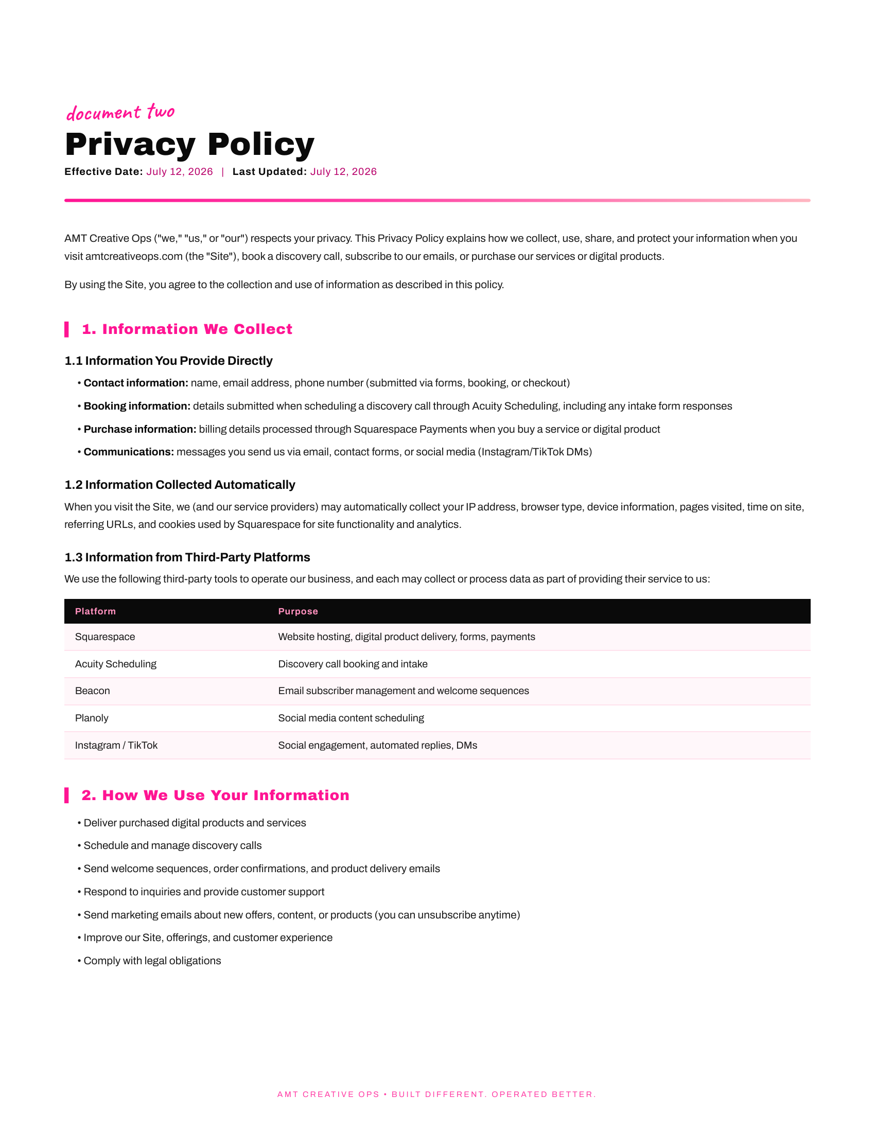 A page from a privacy policy document with sections on information collection, how the information is used, and third-party platform data collection. The document has headings in bold and pink, with black text and pink accents.