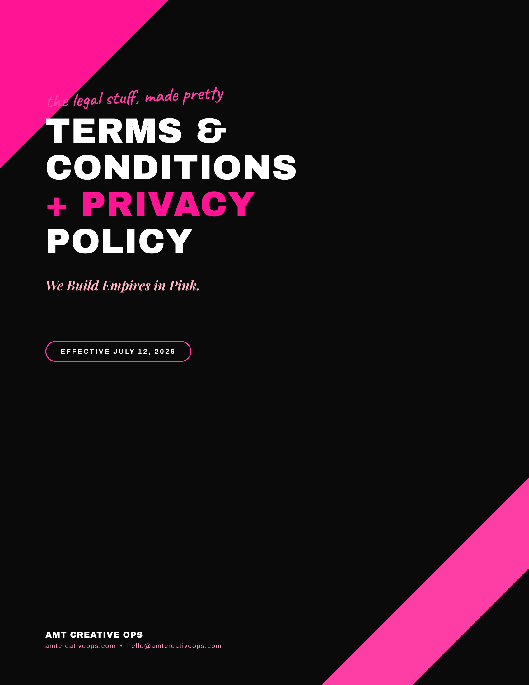 Front page of a document titled 'Terms & Conditions + Privacy' with a black background and pink accents, including a pink corner design, and text indicating a company named 'AMT Creative Ops' with contact information.