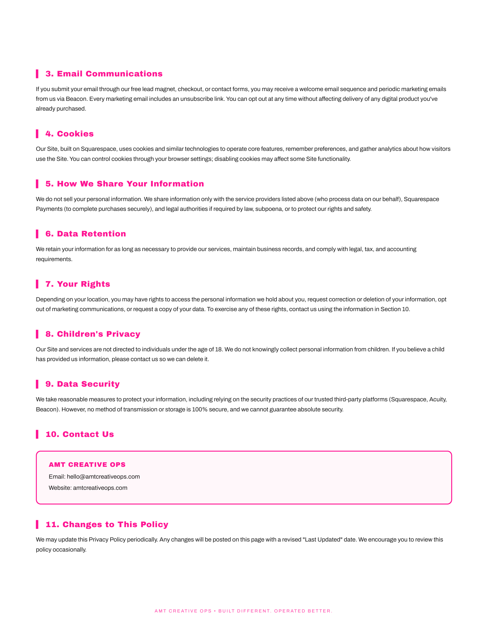 A page from a privacy policy document with sections numbered 3 to 11, highlighted in pink, discussing email communications, cookies, sharing information, data retention, rights, children's privacy, security, and policy updates. The website footer includes the company's name, email, and website URL.