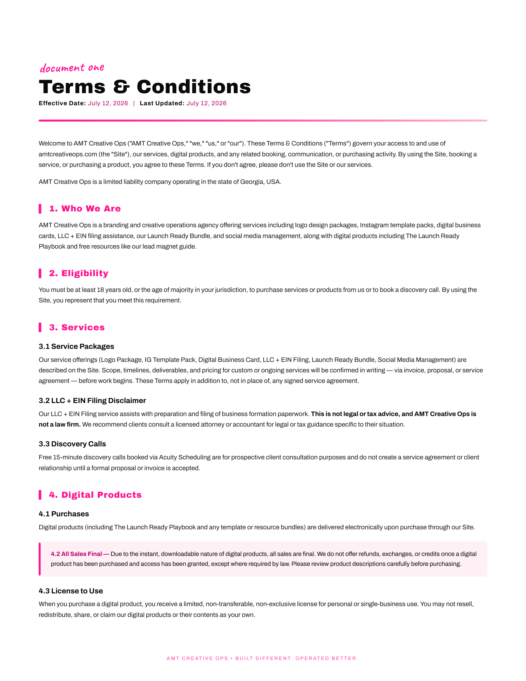 A screenshot of a document titled 'Terms & Conditions' with sections about Who We Are, Eligibility, Services, Digital Products, and All Sales Final, pagoed in black and pink fonts.
