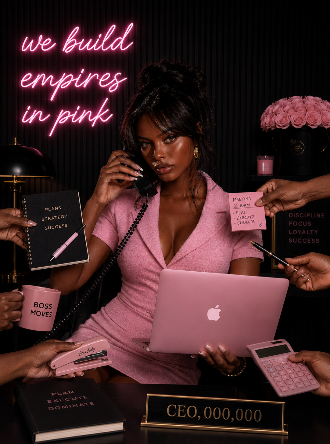 A stylish woman in a pink dress working at a desk with multiple pink and black office supplies, including a laptop, calculator, and notepads, surrounded by various notes and signs. Neon sign in the background reads, 'we build empires in pink.'