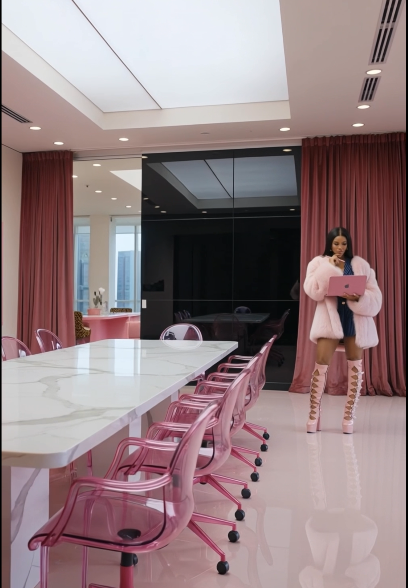 Interior of a modern conference room with pink chairs arranged around a white marble table, large windows, pink curtains, and a woman wearing a pink coat and thigh-high laced boots standing and looking at a pink laptop.