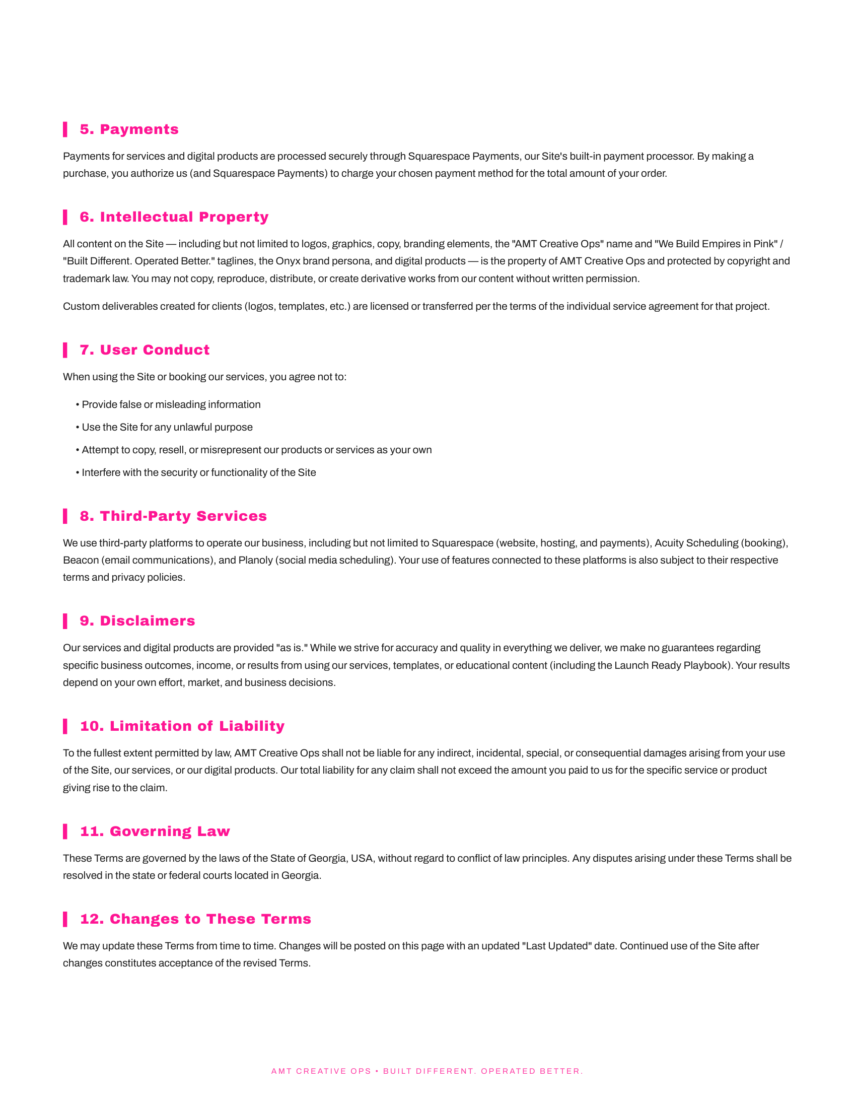 Screenshot of a document outlining terms and conditions with sections titled 'Payments,' 'Intellectual Property,' 'User Conduct,' 'Third-Party Services,' 'Disclaimers,' 'Limitations of Liability,' 'Governing Law,' and 'Changes to These Terms,' with pink headings and black text.